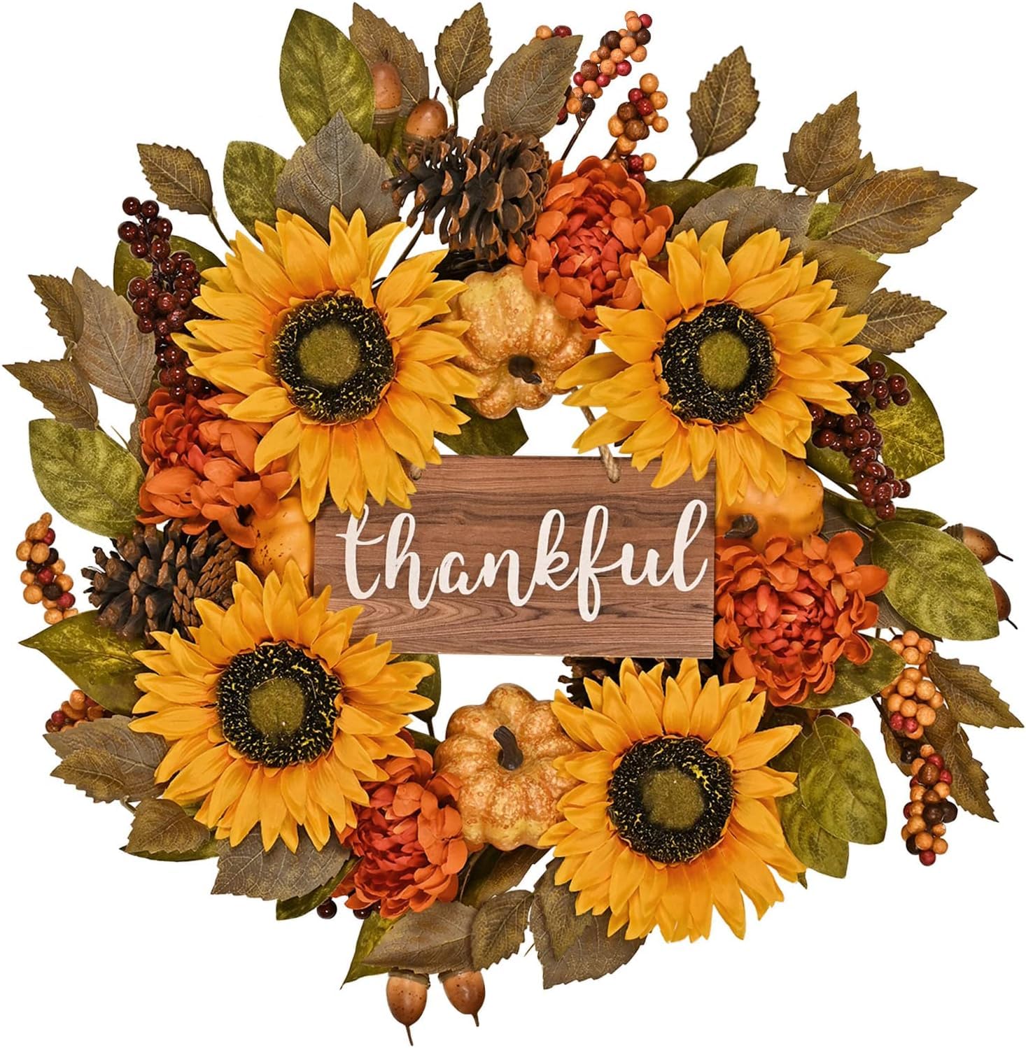 Photo 1 of 20 Inch Fall Wreath for Front Door with Pumpkins Pinecone Berries Sunflower Autumn Wreath for Thanksgiving Halloween Wreath Wall Table Front Porch Home Decoration Brown Sign Fall Wreath Brown Sign