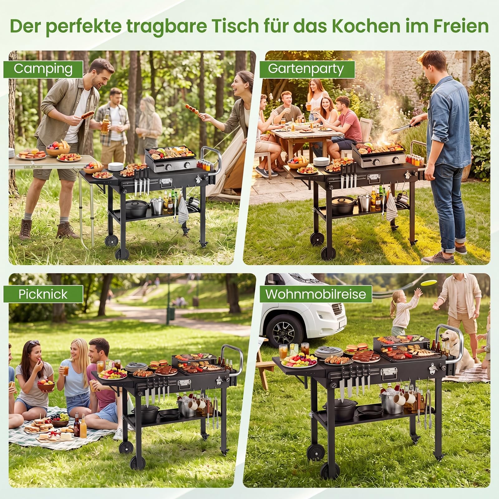 COSTWAY Grillwagen Outdoor, Grilltisch klappbar, Pizzatisch mit Seitentisch | Servierwagen Metall mit Rollen, Arbeitsfläche, Haken, Grill Beistelltisch wetterfest, für BBQ Partys Garten, 118 x 43 x 88 cm