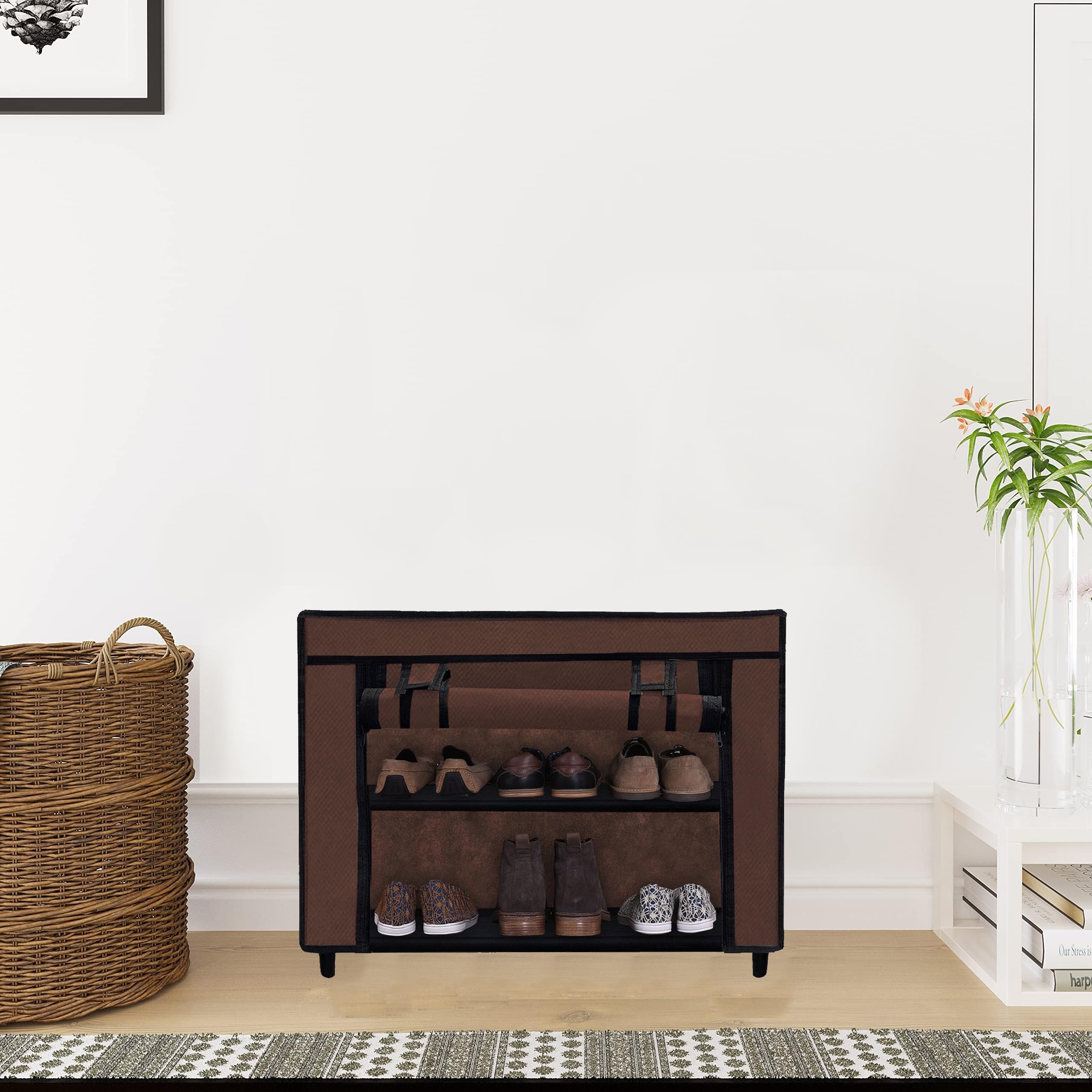 2-Layer Shoe Rack with Cover | Portable Shoe Organizer Stand for Home | Durable Plastic & Cloth Material | Space Saving Organizer Brown-image-25