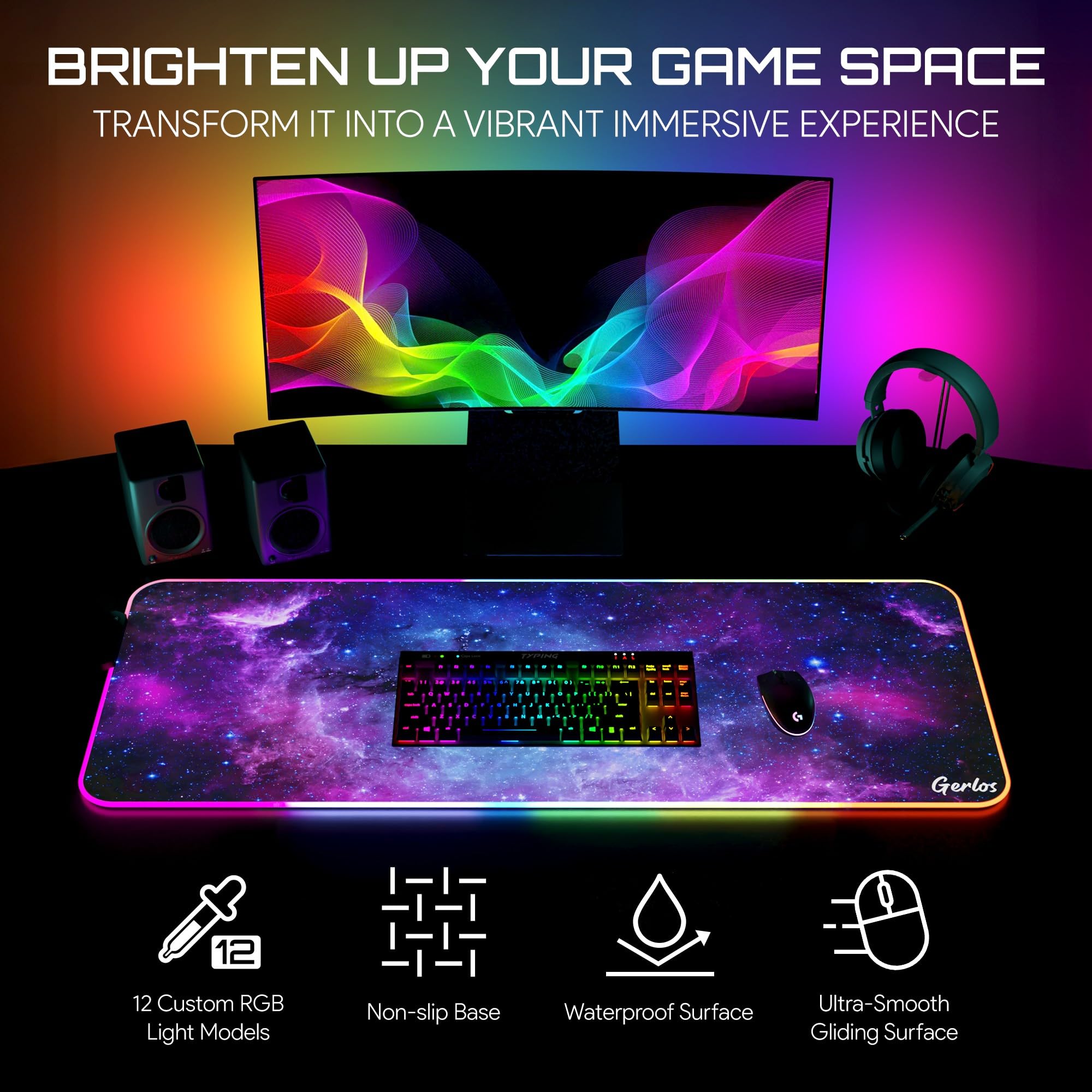 Gerlos RGB Gaming Mouse Pad, Large Extended LED Desk Mat with 12 Light Modes, Non-Slip Rubber Base, Water-Resistant, 31.5×11.8 Inch: Violet