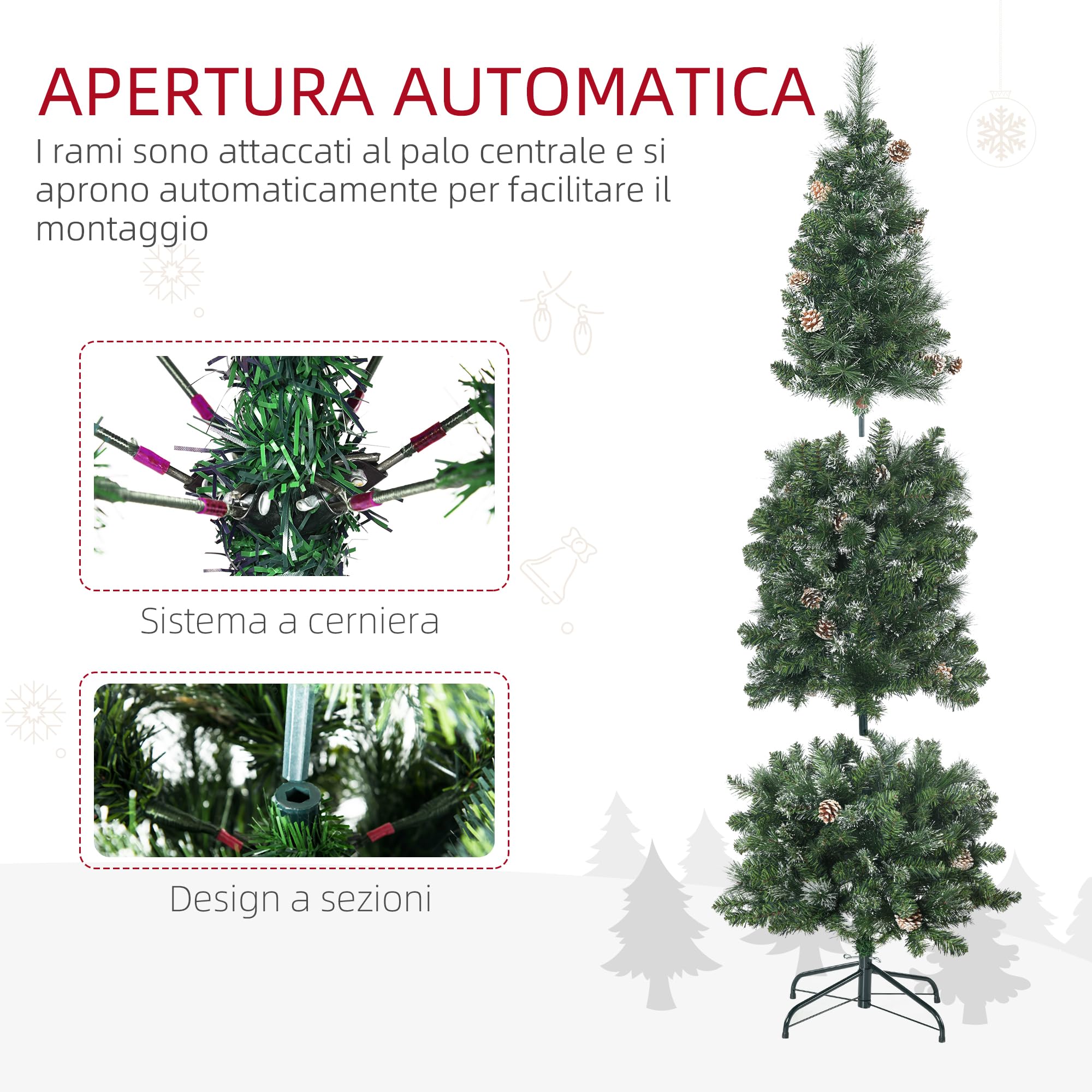 HOMCOM Albero di Natale 180cm con Pigne e 618 Rami Ignifughi Artificiale