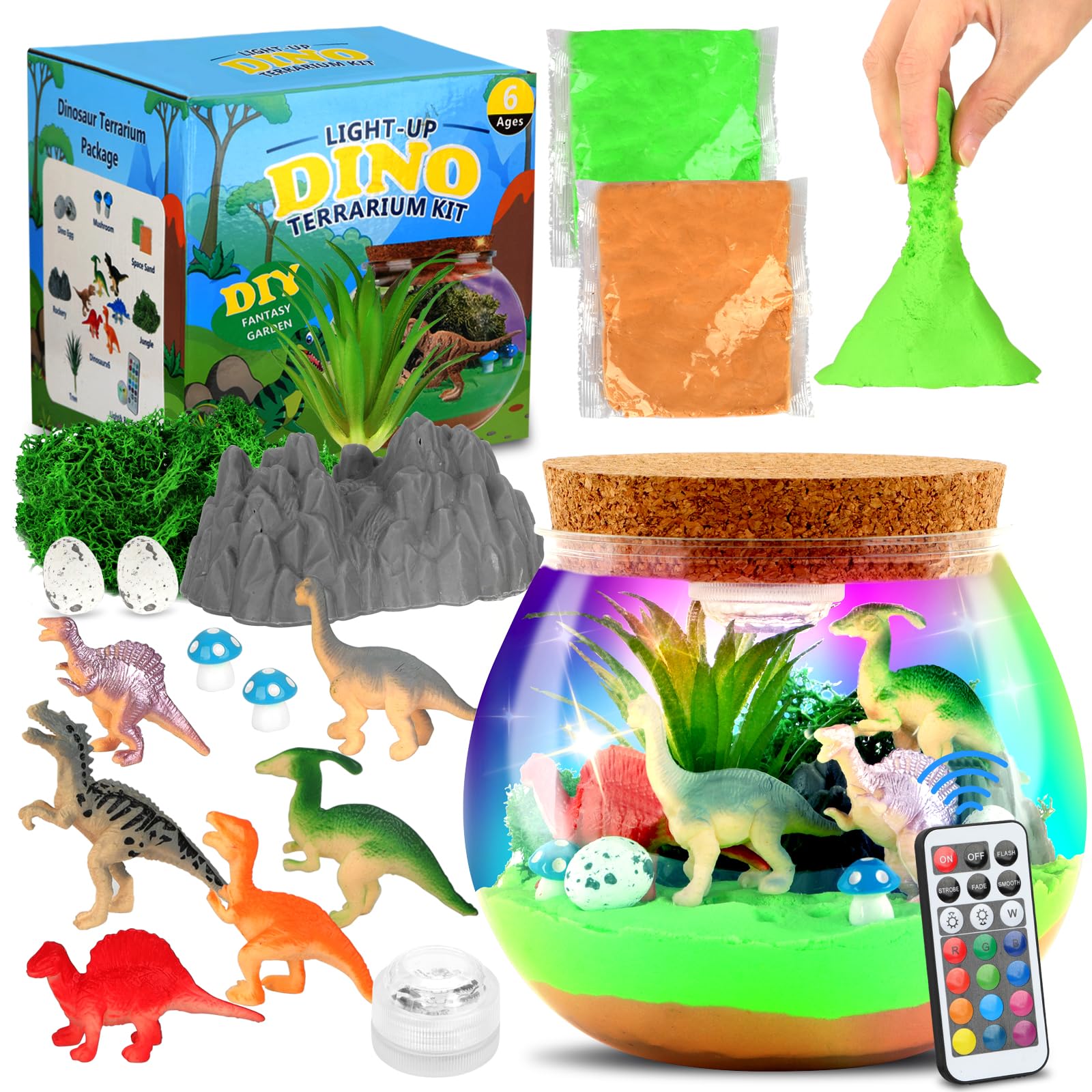 Zestaw do terrarium z dinozaurami Withosent, kreatywna lampka nocna dla dzieci DIY z pilotem, zestaw do rękodzieła w bajkowym ogrodzie z regulowanymi kolorowymi światłami Prezenty dla dziewczynek