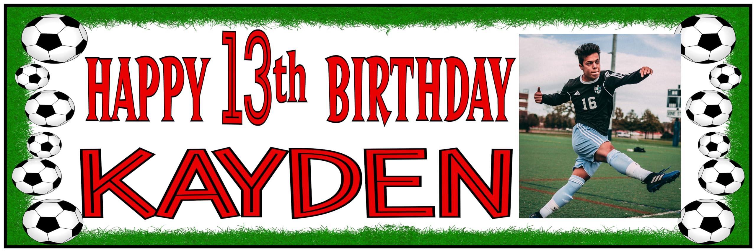 Large 6ft Personalised Football Birthday Banner with Photo for Men Women Boys Girls Any Name and Age Any Colour 4th 5th 6th 7th 8th 9th 10th 11th 12th 13th 18th 21st 30th 40th 50th 60th