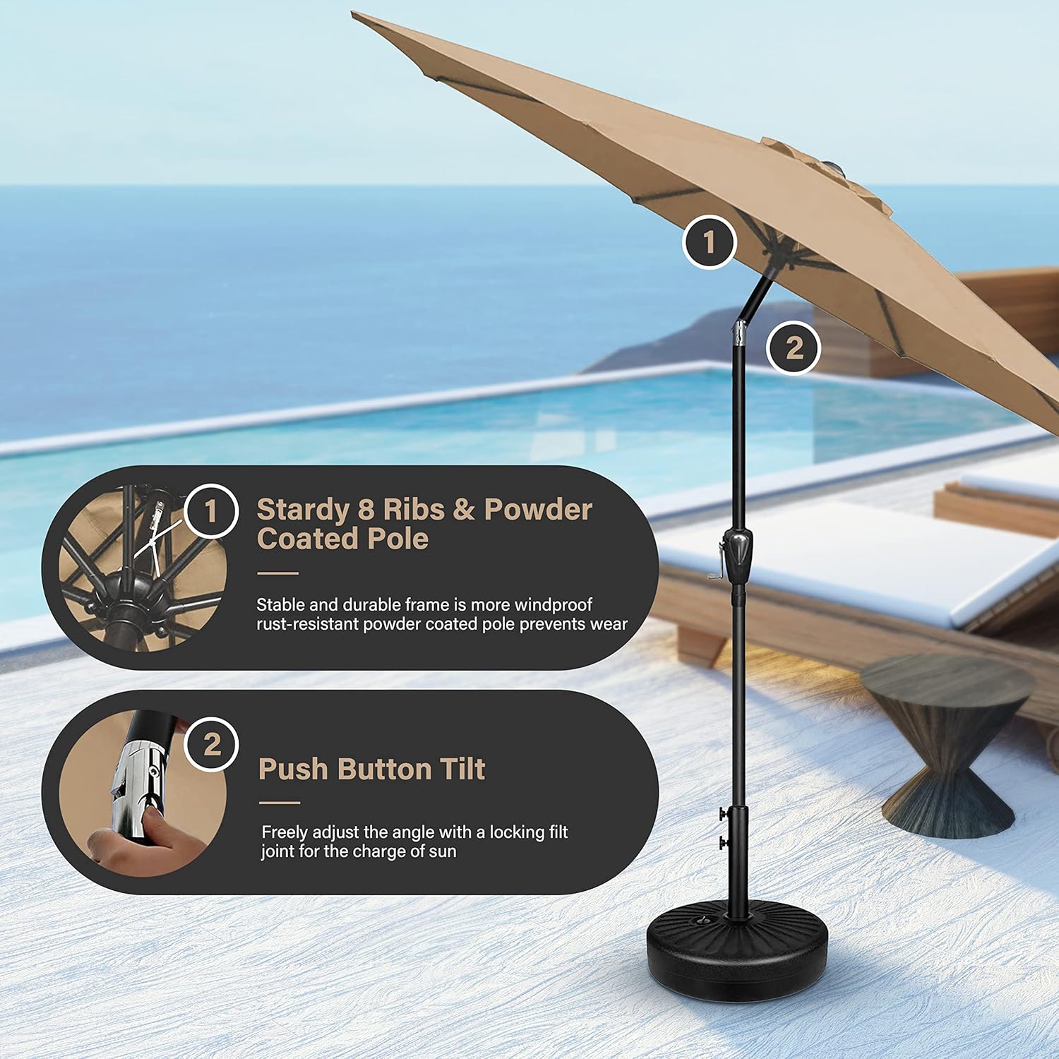 Size  9' Color tan Patio Umbrella Outdoor Table Market Yard Umbrella with Push Button Tilt/Crank