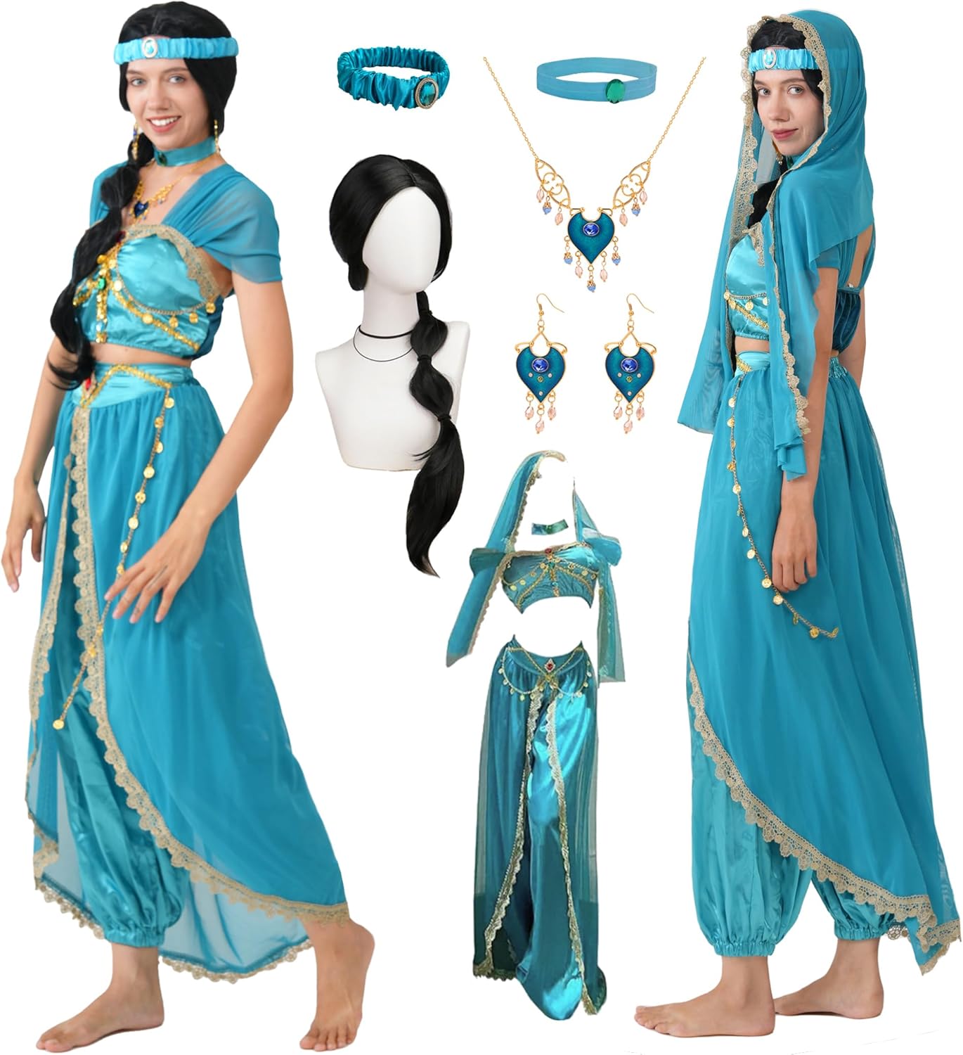 Akokvlar 8pcs Arabian Princess Costume for Women Adult Dress with Accessories Wig Blue Large