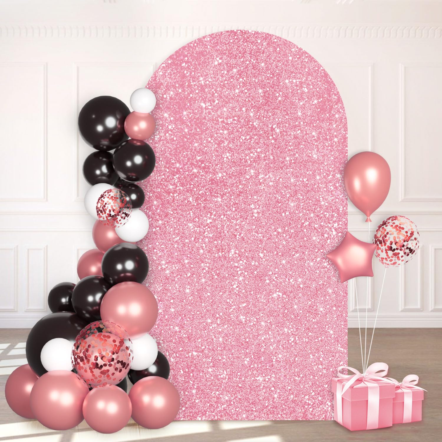 PATYDEST Sequin Wedding Arch - Pink Chiara Wall Stand 7.2FT Stretchy Spandex Arch Backdrop Covers Metallic Round Top for Wedding Shower Birthday Decor