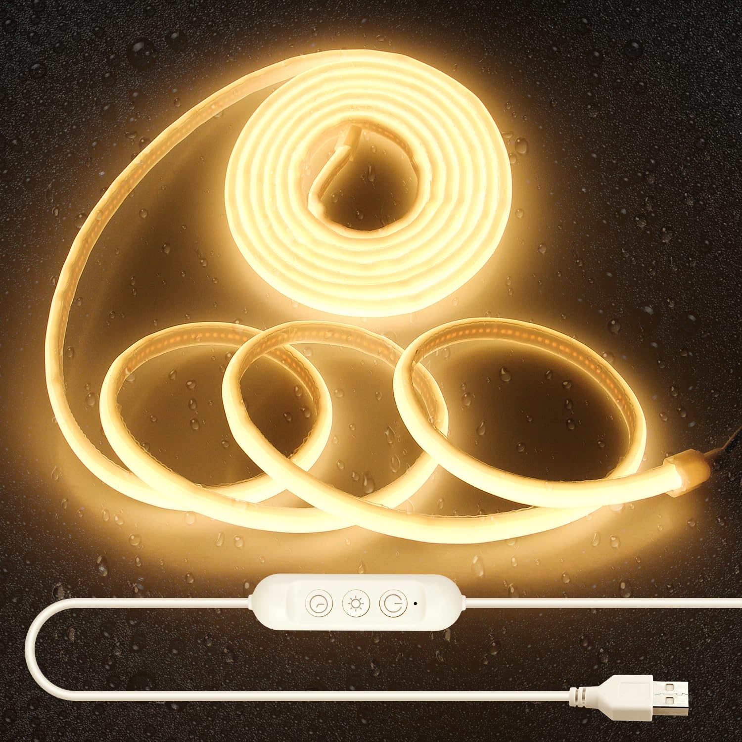 Aclorol 3M COB LED Strip Light Warm White 3000K IP67 Waterproof 5V USB Dimmable Tape Light with Timer for Under Cabinet Bedroom Wardrobe Bookshelf Shower Niche Lighting 320LEDs/M CRI90+