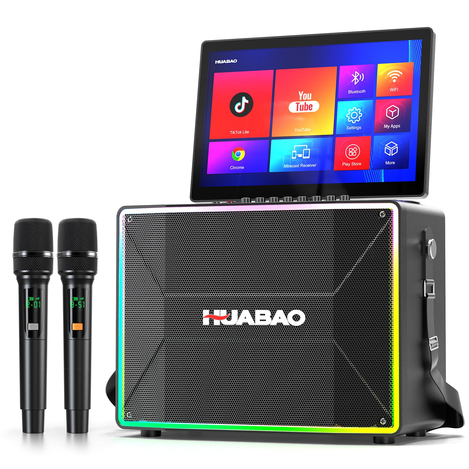 HUABAO Smart Karaoke Machine with 14” Tablet, Screen & Lyrics Display, Professional Karaoke Speaker, 2 Wireless Microphones, Bluetooth PA System, WiFi, HDMI, and LED Lights for Adults