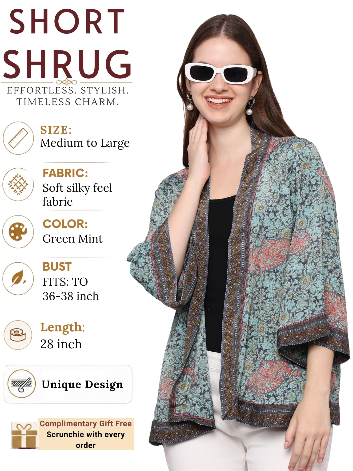 KE KANHA EXPORTS Women's Boho Border Print Shrug|Stylish Kimono Jacket Cover Up|Soft Silky-Feel Premium Fabric|Blue Multicolor|Easily Fits S-M-L|Bust 30-42 in|Length 28 in|Pack of 1 (1147) 2