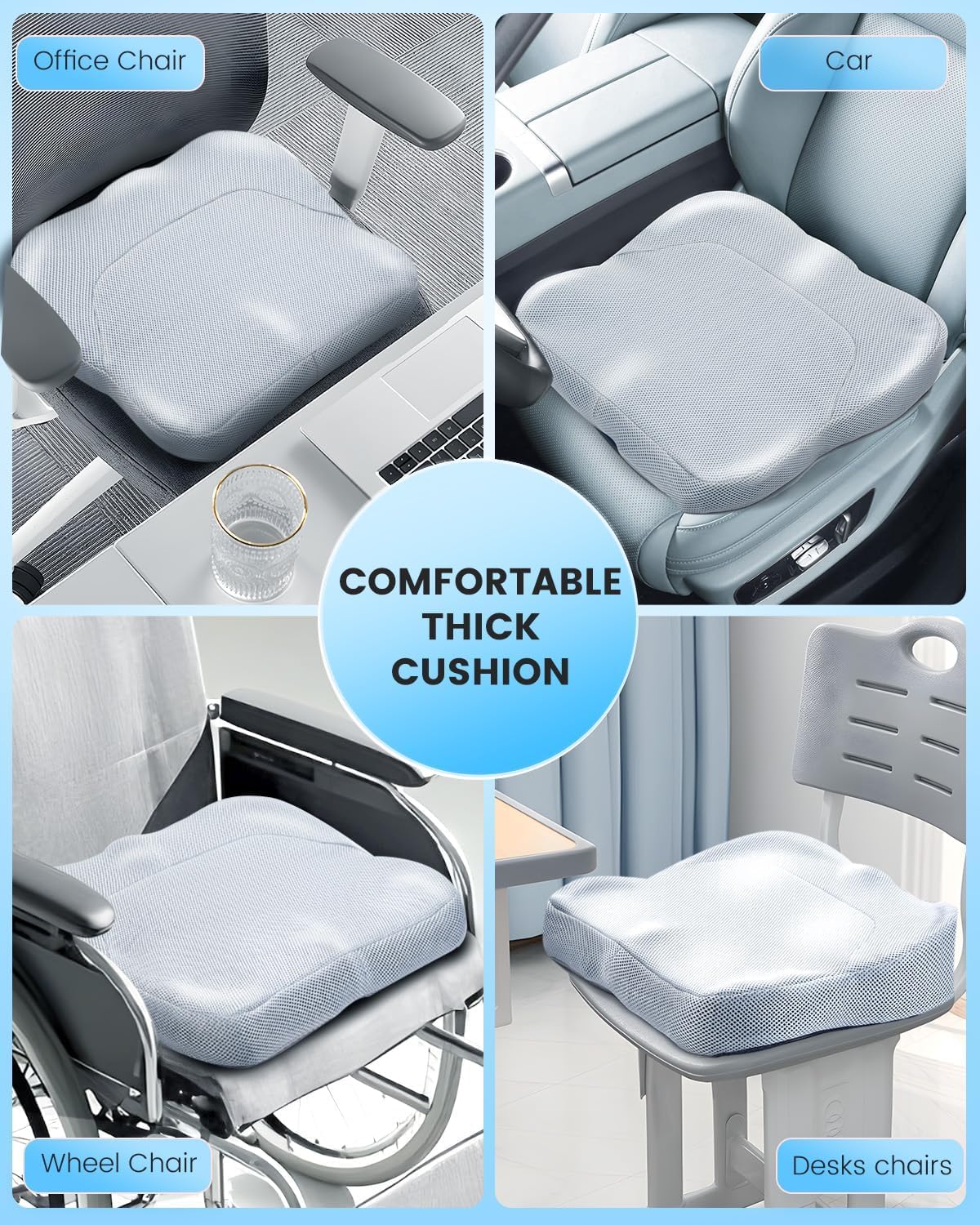 Cojín de gel para asiento de oficina o silla de ruedas, transpirable, suave, de panal de abeja, 19.5 x 16.1 pulgadas, cojín para silla de huevo, apoyo lumbar, alivio de presión, cojín de