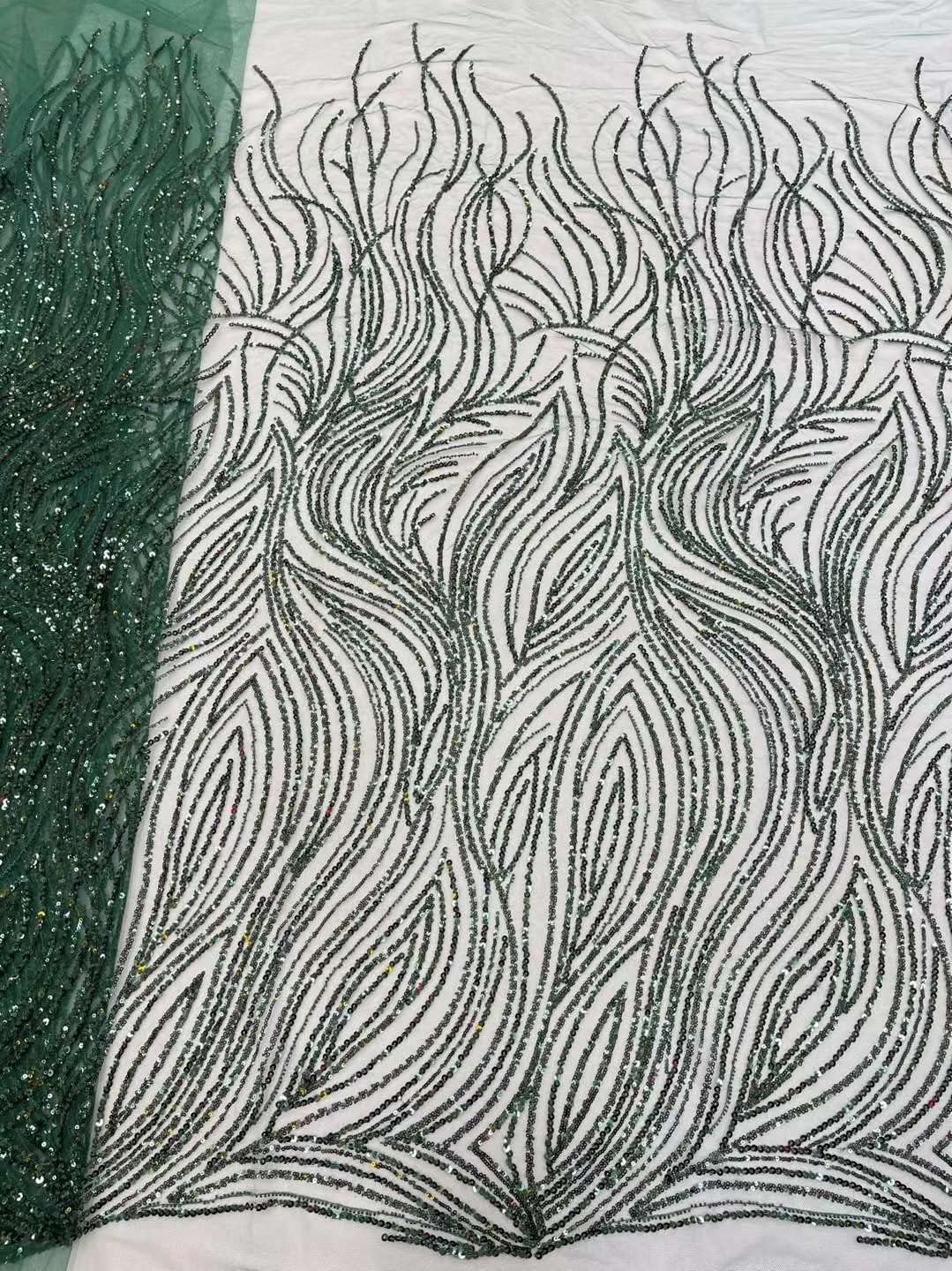 French Tulle mesh lace Fabric Embroidery with Sequins and Beads for Sewing Clothing 5 Yards (Deep Green)