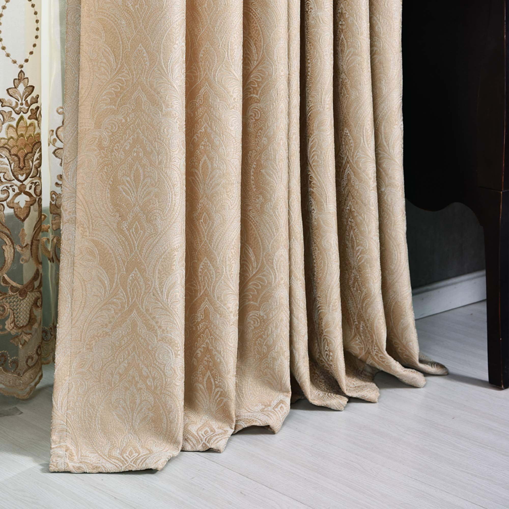 VOILYBIRD Damask Room Darkening Curtains Soft Jacquard Velvet Draperies for Bedroom (Beige, W52 x L84, 2 Panels)