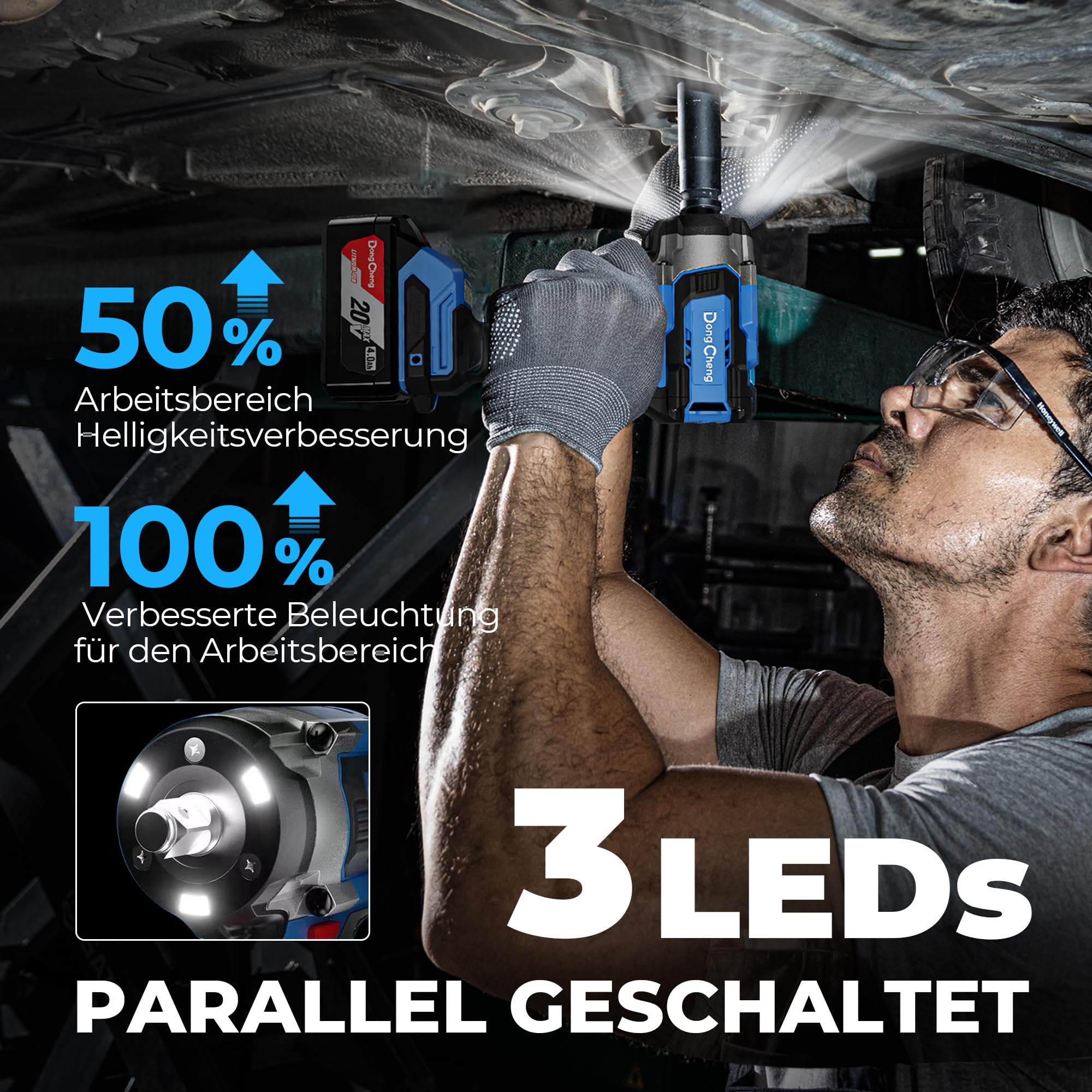 DongCheng 20V Akku-Schlagschrauber Bürstenlos, 800 Nm Drehmoment, inkl 1x Li-Ion 4000mAh Akku & Ladegerät 4-Gang-Modus & Auto-Stop, 17/19/21/22/24mm, 1/2" Aufnahme – für Auto Reparatur