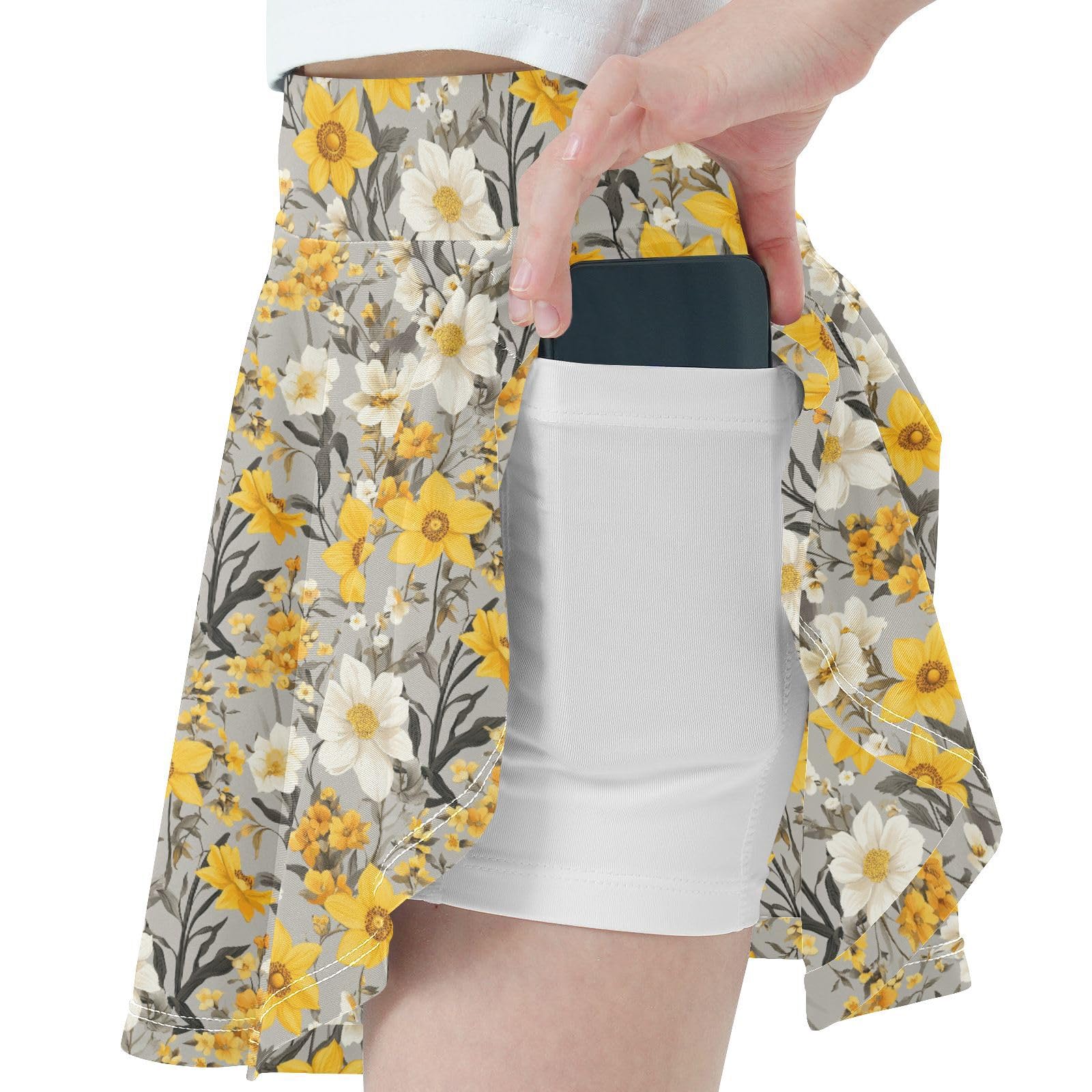 Cute Florals Grey Girls Athletic Skirt with Built-in Shorts Youth Cheer Skirt with Pockets Flowy Little Girl Skort