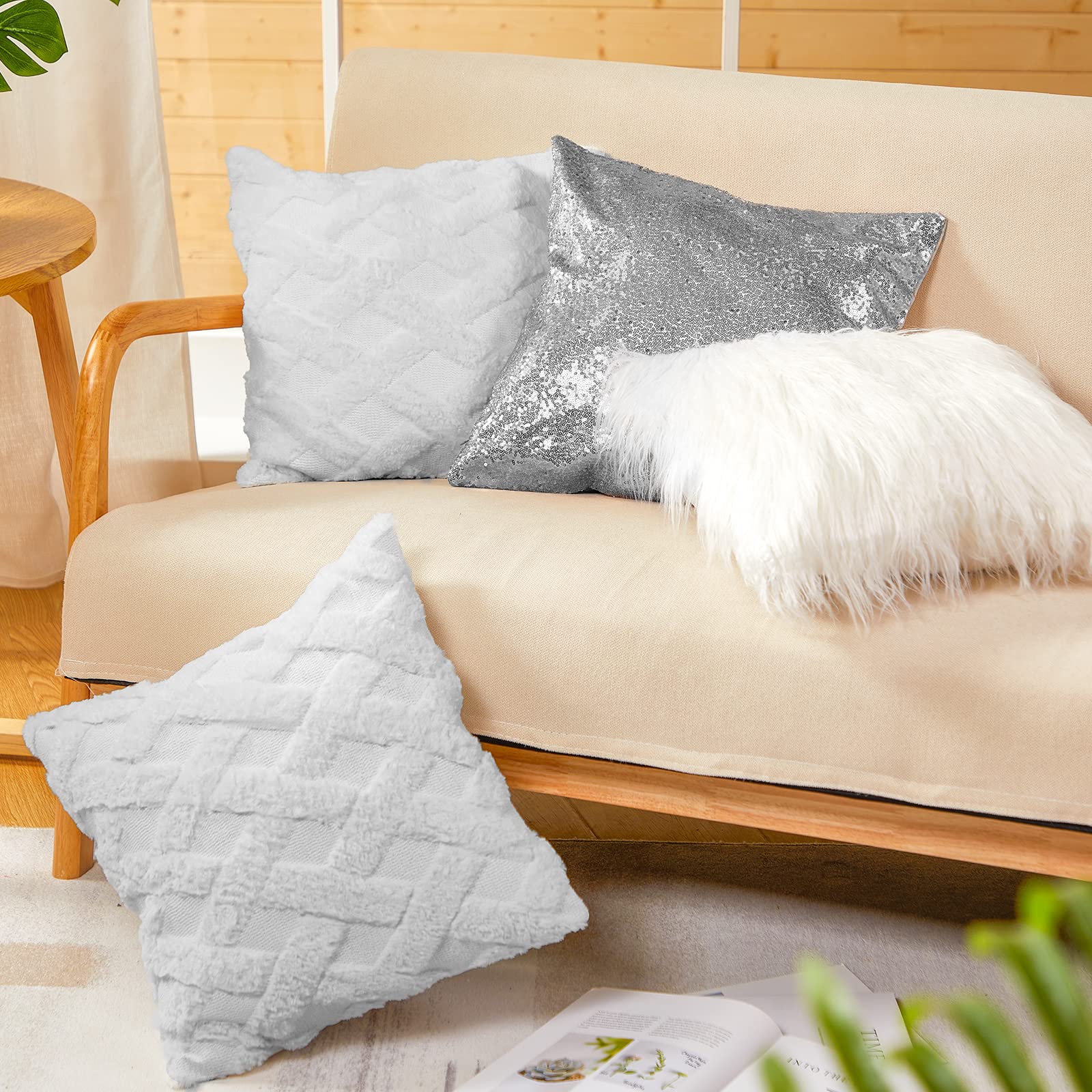 Frienda 6 federe per cuscini con paillettes e soffici federe per cuscini in morbido velluto di lana, decorative, per divano e letto, 45 x 45 cm (grigio, argento, bianco)
