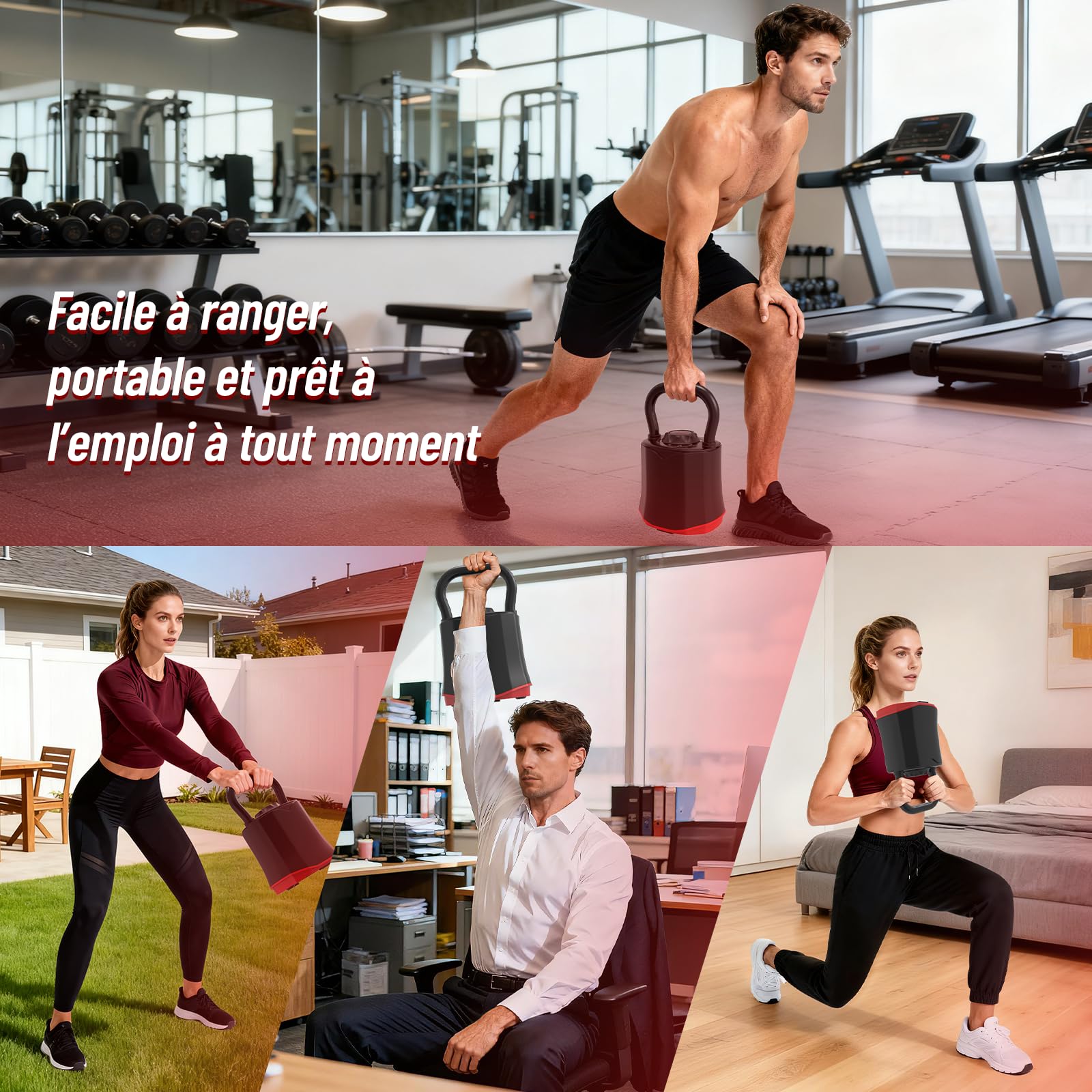 HXD-ERGO Kettlebell Ajustable 6-en-1 (3–18 kg), Poids Réglable Rapide, Large Poignée Ergonomique, Kettlebell Compacte pour Entraînement à Domicile
