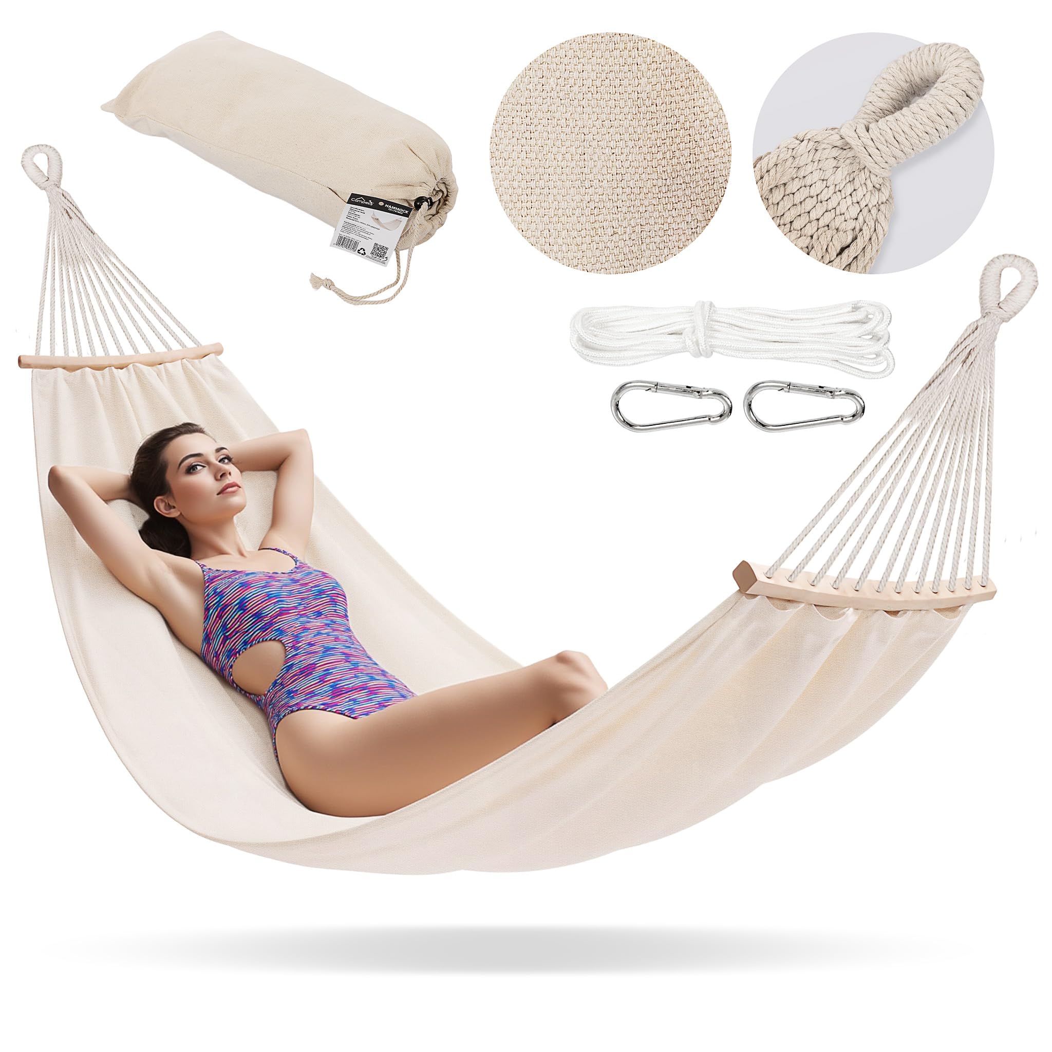 Amaca Doppia 200x150 cm Portata 240 kg Boho Beige Cotone Poliestere Giardino Terrazza