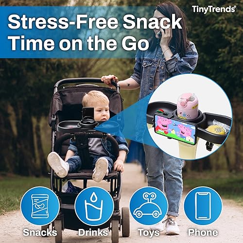Miniatura 2 de Bandeja universal para refrigerios para cochecito con soporte giratorio de 360 para teléfono, compartimentos dobles y portavasos, se adapta a