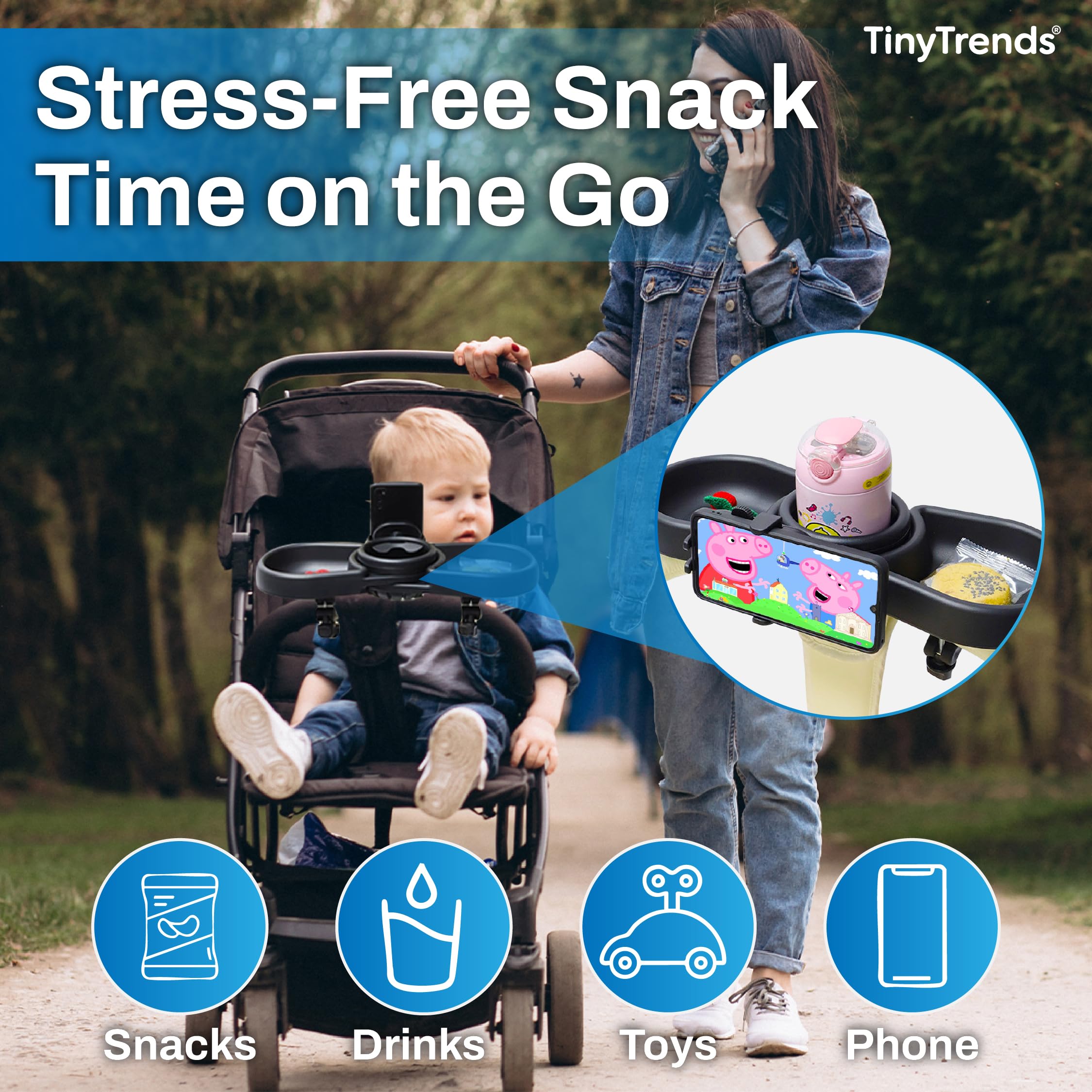 Erleichtert Spaziergänge – 4-in-1 Kinderwagen-Snack-Tablett mit 360°-Handyhalterung, Getränkehalter & zwei Fächern – universelle Passform (Uppababy, Chicco, Nuna) – BPA-frei – Bonus-Haken im