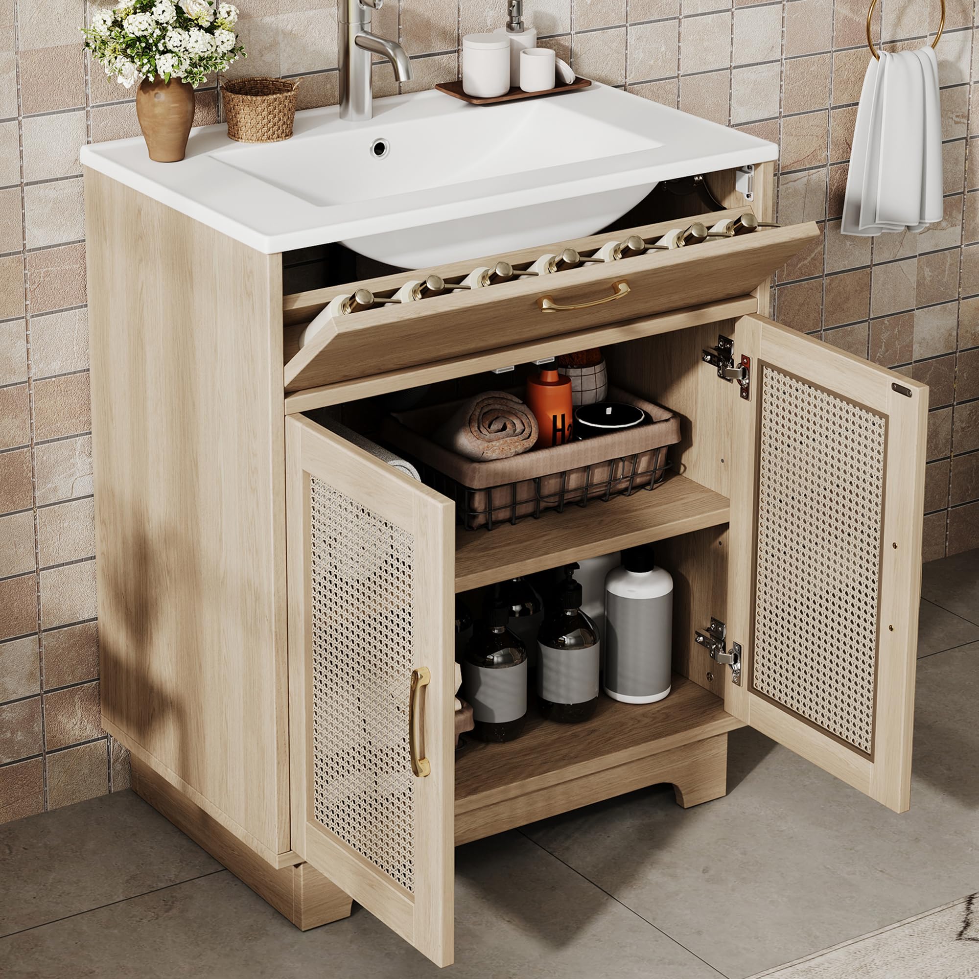Tocador de baño independiente, resistente a la humedad, con diseño de elevador de cajones y puertas dobles de cierre suave, patas altas con detalles de ratán, lavabo de cerámica, color natural