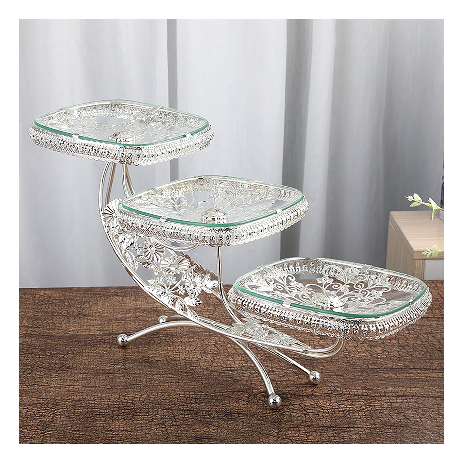 Alzata Torta a 3 Piani Quadrata in Vetro per Uso Domestico, Set servire Dolci Staccabile,con Accessori in Metallo