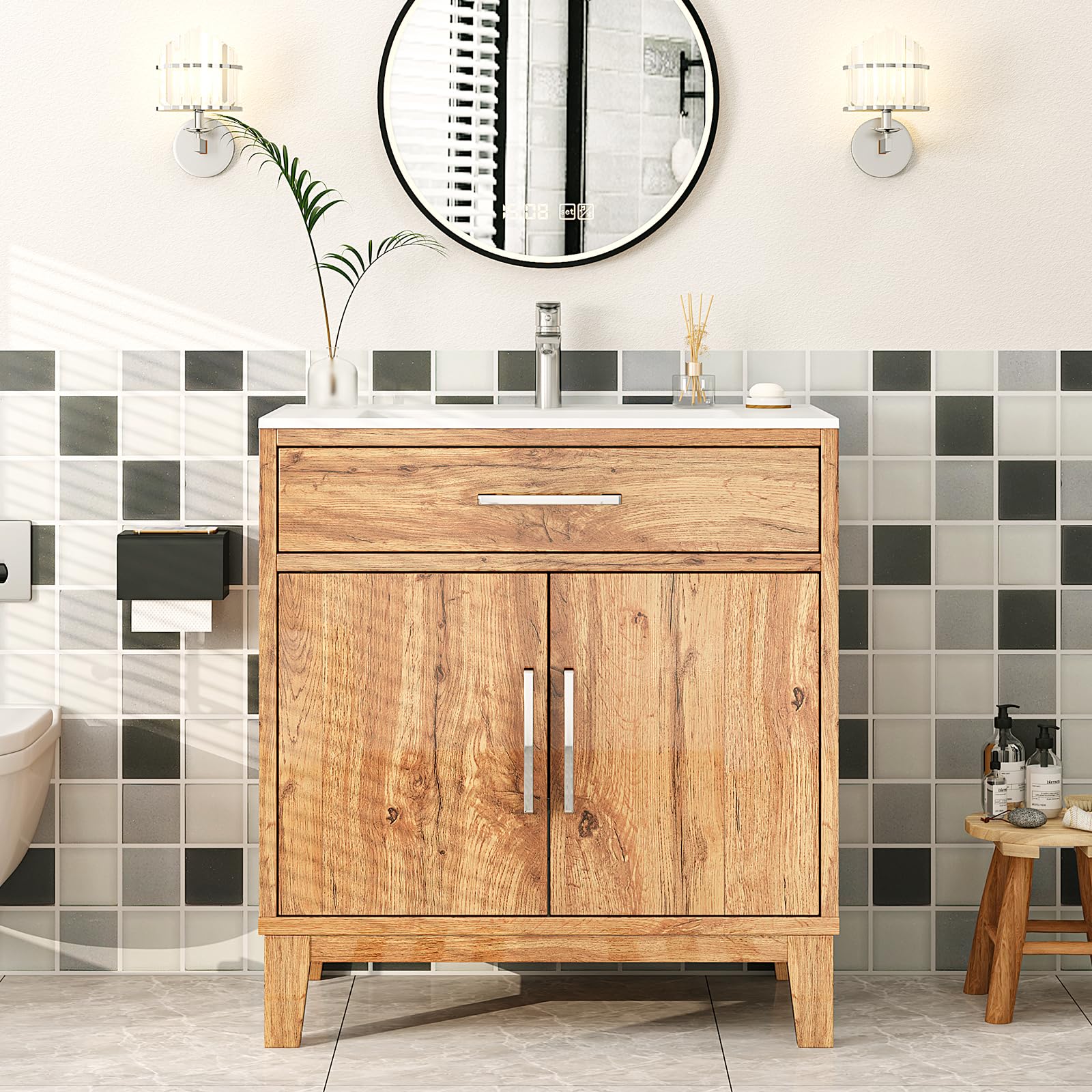 Photo 1 of **READ NOTES**STOCK PHOTO FOR REFERENCE **NO MIRROR INCLUDED**LUXOAK 31" High Gloss Bathroom Vanity with Sink, Wood Bathroom Cabinet with Storage & Aluminum Handles & Soft Closing Doors, Retro, Yellow Oak 31" Yellow Oak with mirror