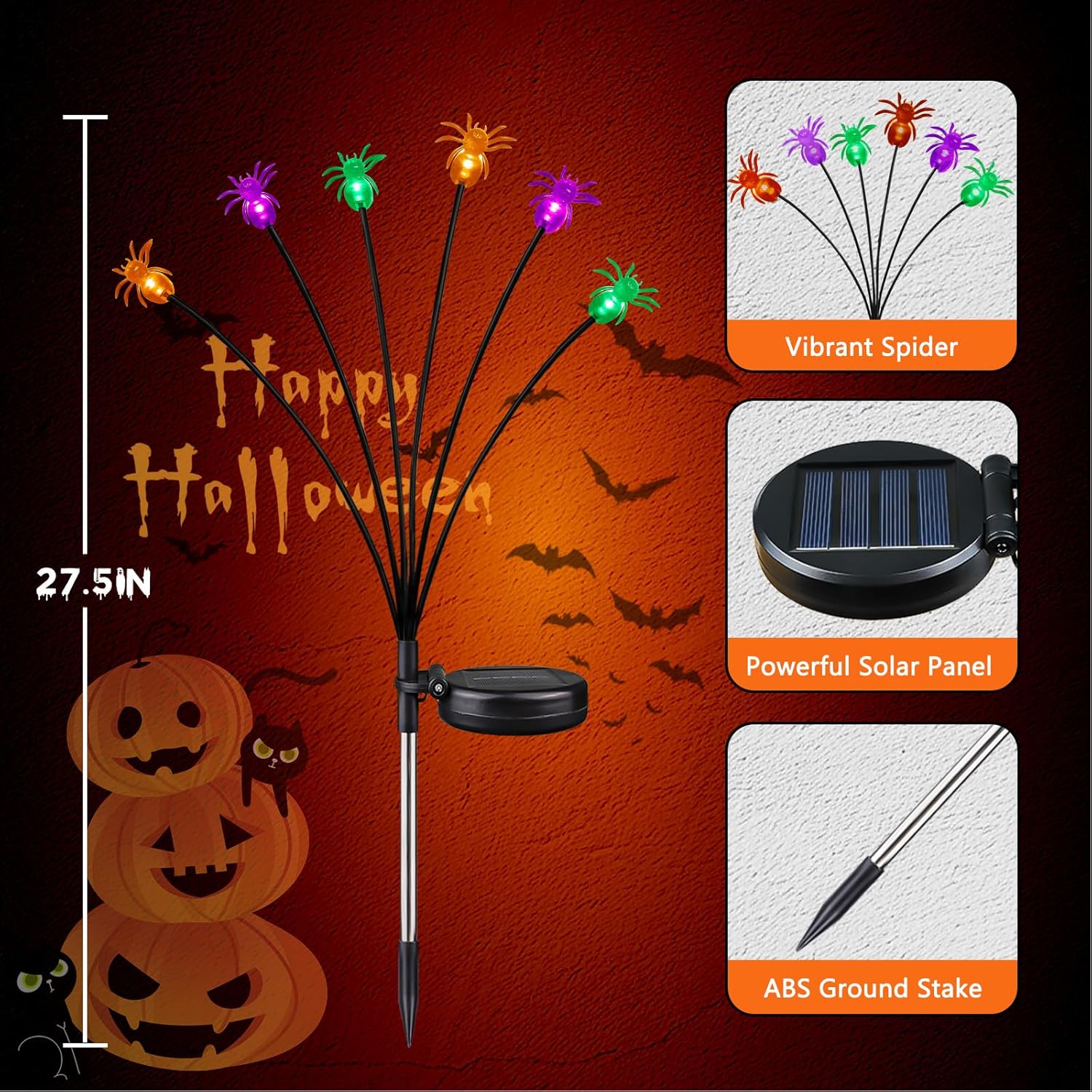 8Pack 48LED Purple, Orange and Green Spider Solar Halloween Lights Outdoor, Solar Swaying Firefly Lights with Spider, Waterproof for Yard, Garden, Pathway, Halloween Decorations