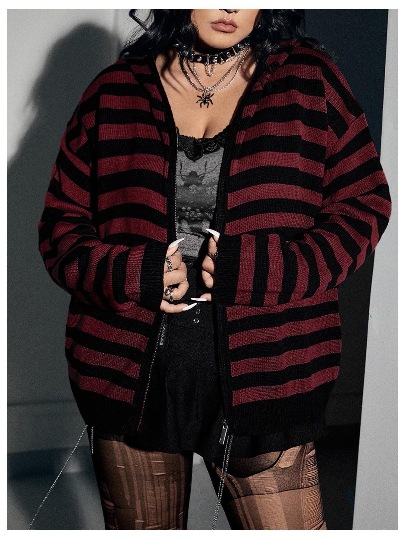 BEAUDRM Women's Plus Size Striped Cardigan Sweater Goth Grunge Zip Up Sweater Hoodies Long Sleeve Drop Shoulder Hoodie: XX-Large Plus Burgundy