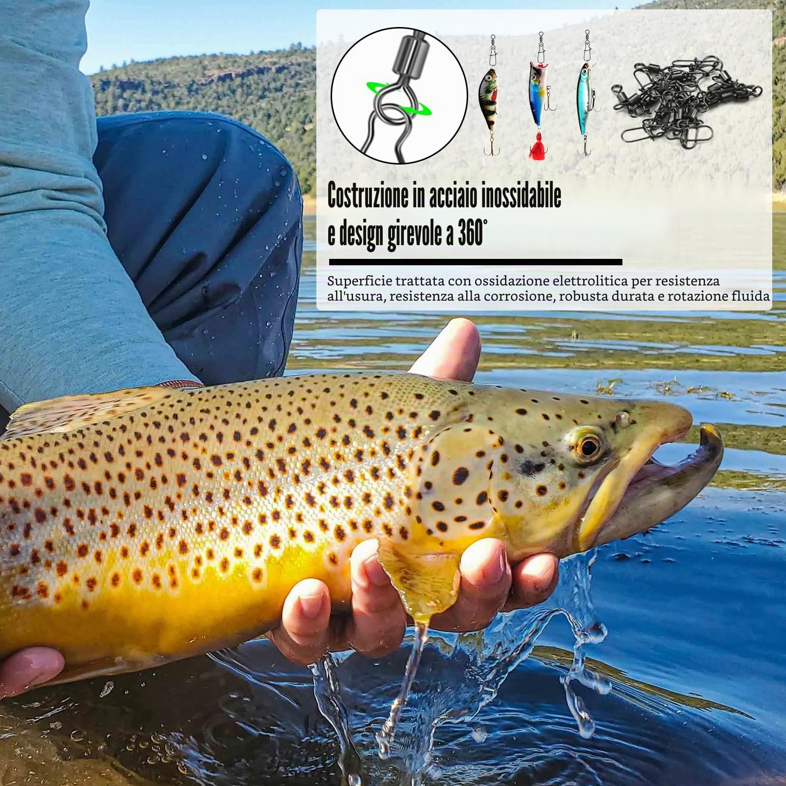 100 Pezzi Girelle da Pesca, Mulinelli da Pesca con Moschettone | Moschettoni Pesca in Acciaio Inox, Anelli Solidi con Moschettone, per Esche da Pesce, Pescas alla Trota (4# 6# 8# 10# 12#)