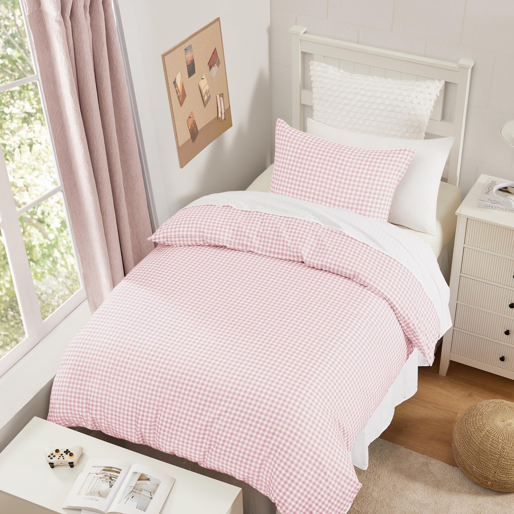 Andency Pink Gingham Duvet Cover Twin, Blush Checkered Plaid Bedding Set