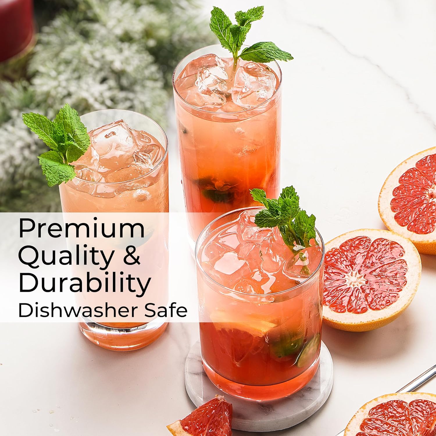 MIAMIO - Drinking Glasses Set of 12/6 x Small 13 oz and 6x Big 15.8 oz Glass Cups for Water, Cocktails, Tea and Beer - Dishwasher Safe