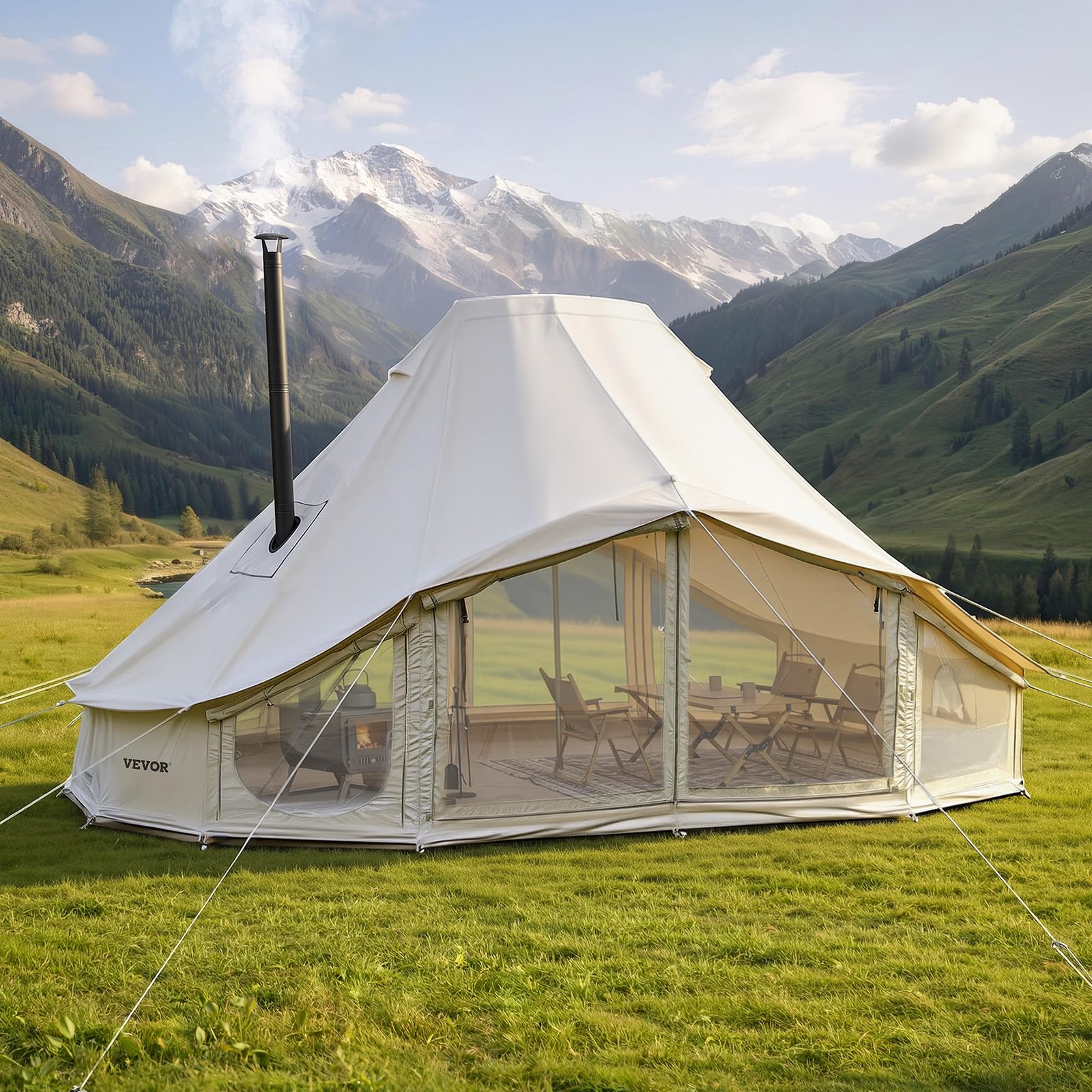 VEVOR Tenda a Campana in Tela 4 Stagioni 6 x 4 x 3,1 m per Campeggio, Tenda a Yurta con Presa per Stufa, in Policotone Traspirante, Max 12 Persone, con Copertura Antipioggia, per Feste Collettive