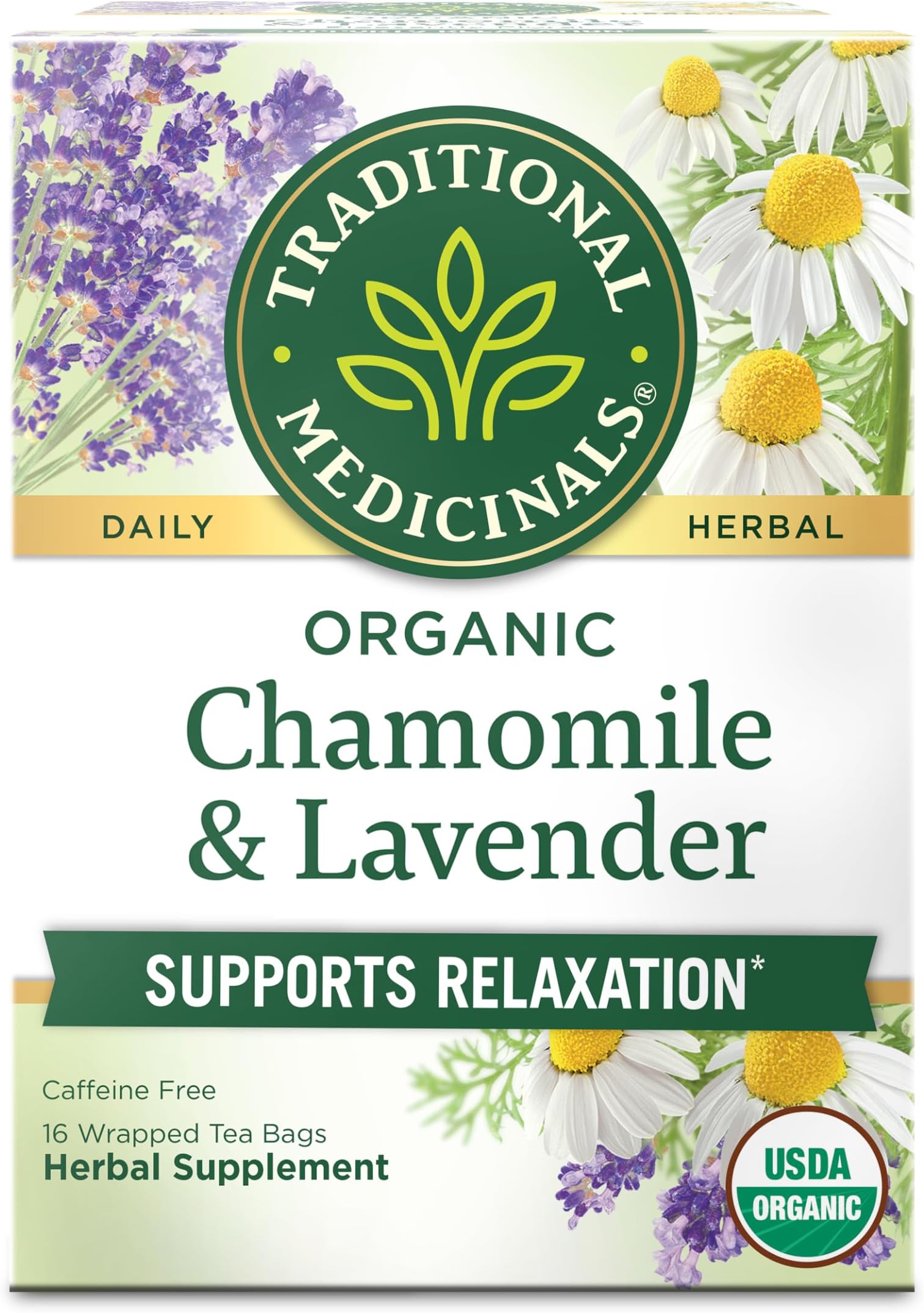 Traditional Medicinals Organic, Chamomile & Lavender - Chamomile Tea Supporting Stress Relief and Relaxation - Kosher, Non-GMO, Caffeine-Free, Compostable - 16 Tea Bags