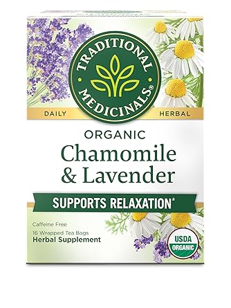 Traditional Medicinals Organic, Chamomile & Lavender - Chamomile Tea Supporting Stress Relief and Relaxation - Kosher, Non-GMO, Caffeine-Free, Compostable - 16 Tea Bags