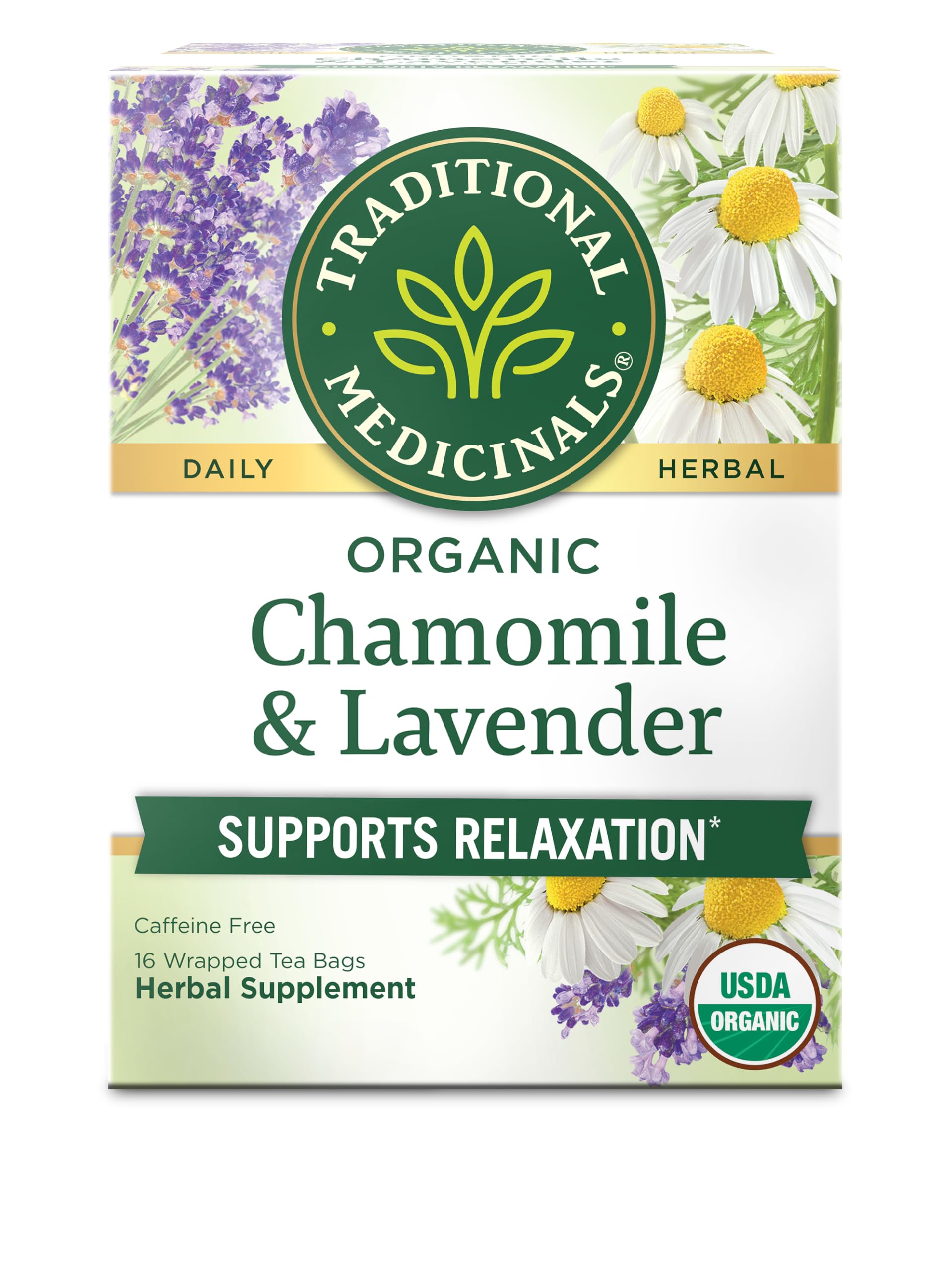 Traditional Medicinals Organic Chamomile with Lavender Herbal Tea, 16 Tea Bags (Pack of 1) USDA Organic Fair Trade Certified Fair Trade Certified Fair Trade Certified Fair Trade Certified
