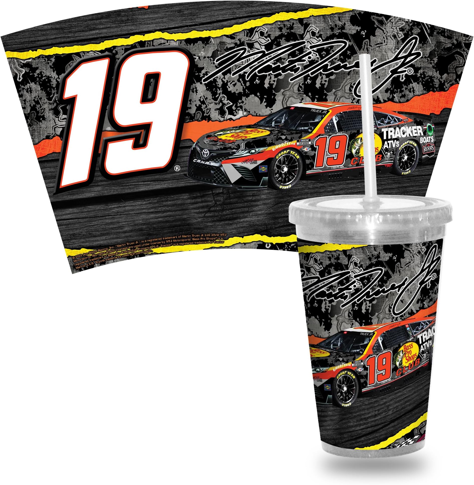 NASCAR Racing Martin Truex Jr #19 Bass Pro Shops 2023 Team 16oz Clear Tumbler W/Straw - Team Colored Travel Tumbler - Keeps Drinks Cold or Hot