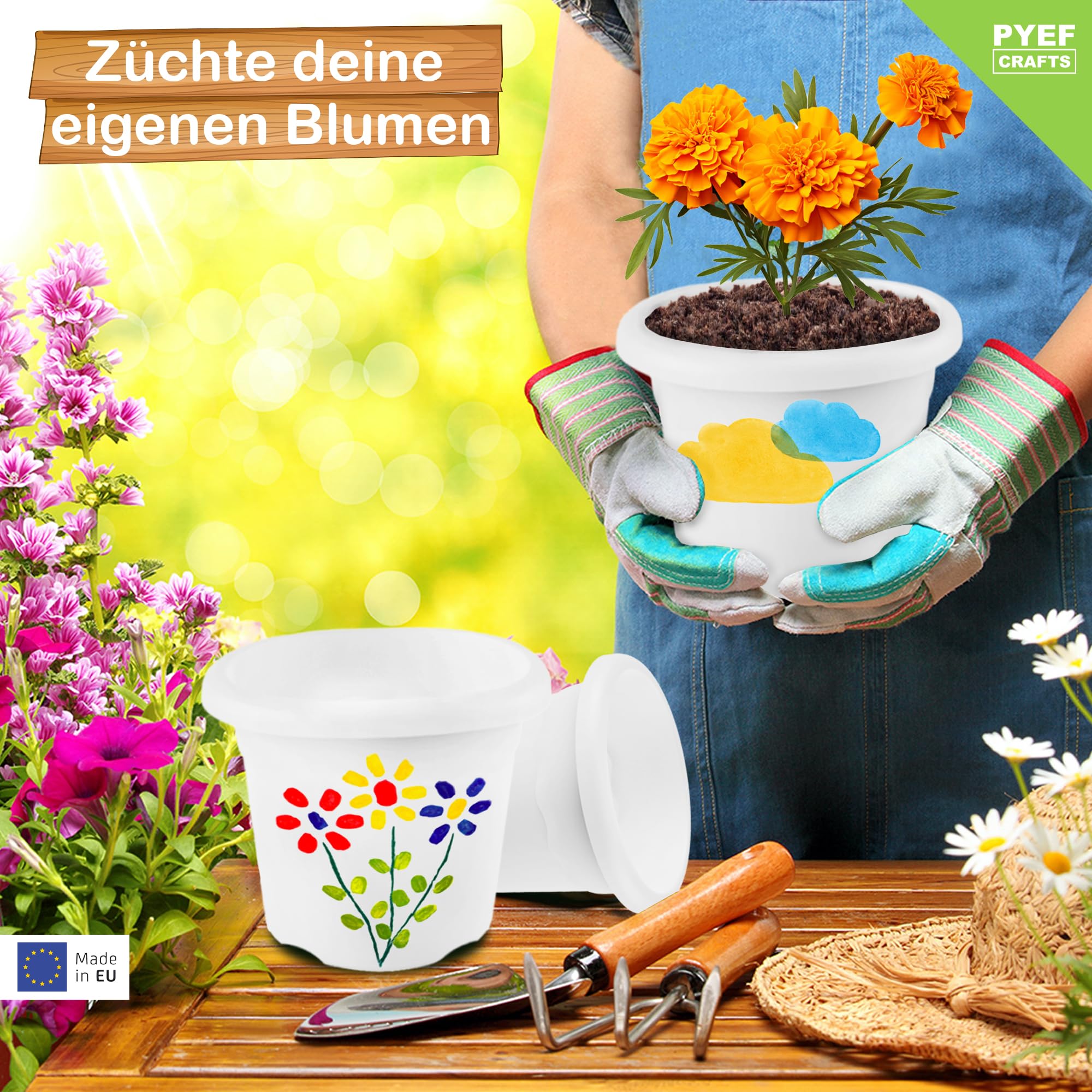 PYEF CRAFTS Pflanzset Kinder Anzuchtset Kinder Gartenset - Gärtner Set & Blumen Anzuchtset - Gartenset Pflanzen Set - Mini Garten Anzuchtsets für Blumen & Kräuter
