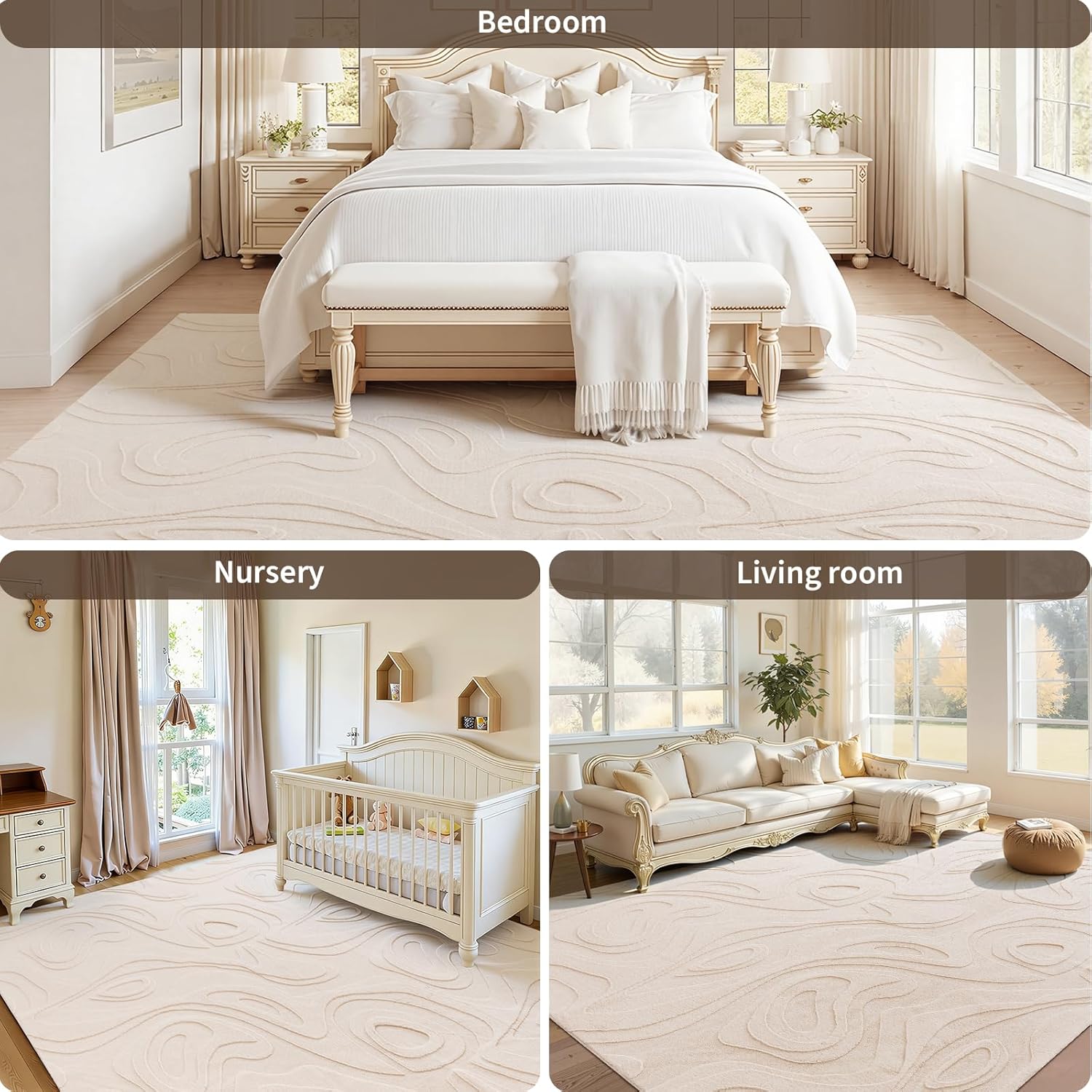 UKISS Washable Rugs 8'x10' Area Rugs for Living Room ，Ultra Soft Faux Rabbit Fur Embossed Rug for Bedroom, Non Slip&Non-Shedding Low Pile Large Carpets for Home Decor Beige