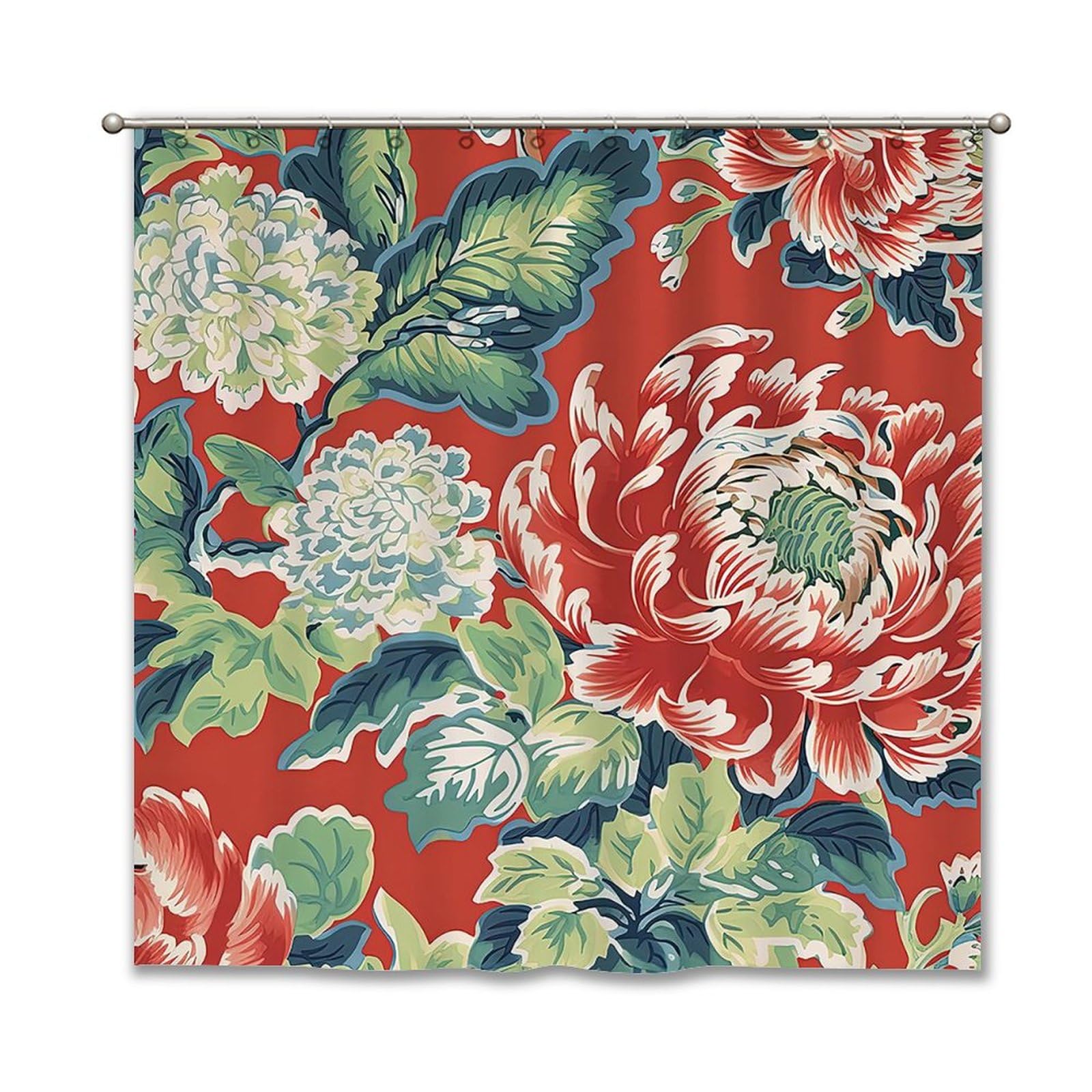 Yinrune Chinoiserie Shower Curtains for Bathroom Chinoiserie Red Peony Floral Bathroom Shower Curtain Asian Flowers Shower Curtain 72x72in Polyester