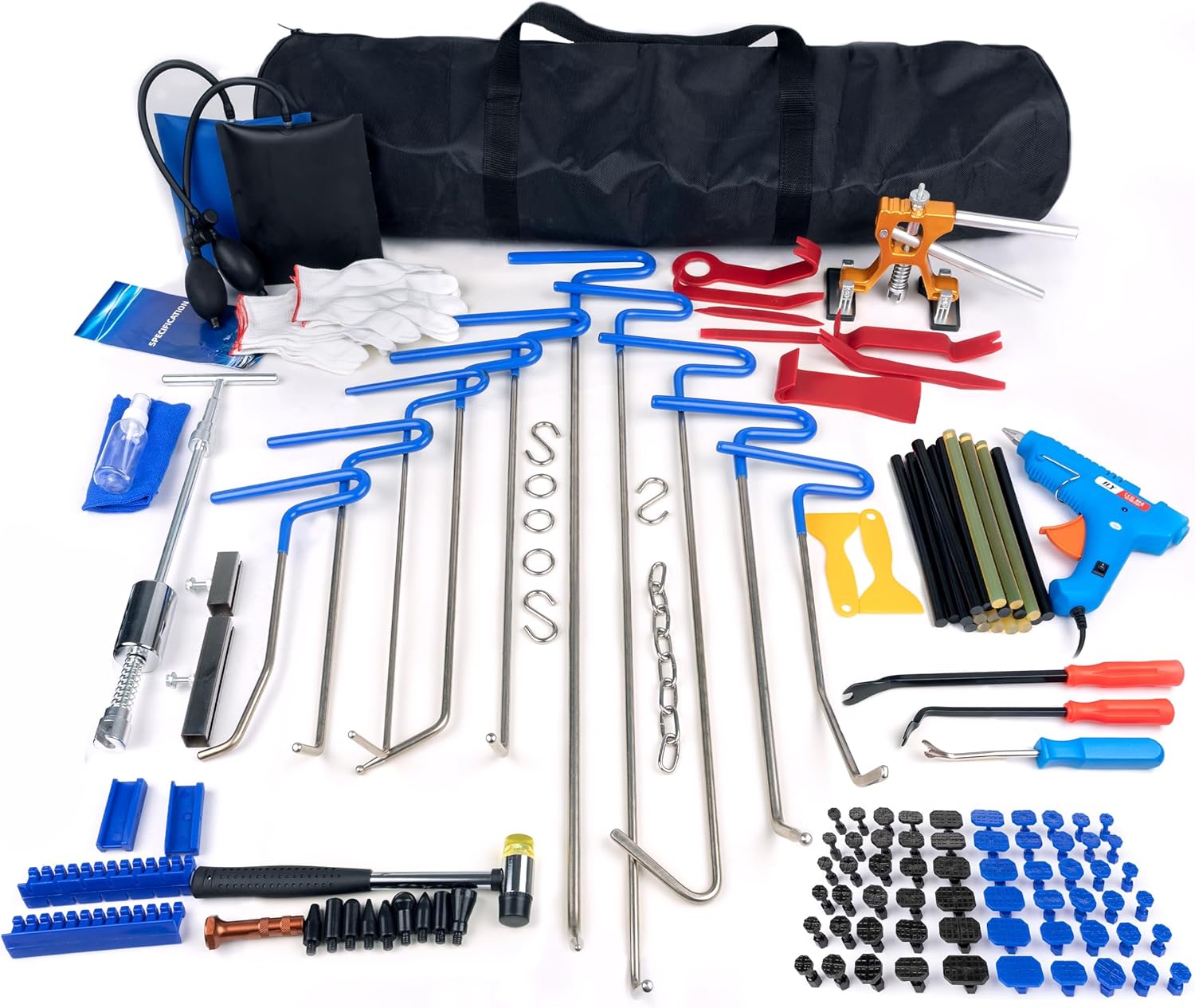 dent puller kit dent repair kit, 138 pcs paintless dent remover tool for car with 10 pcs dent repair rods, t-bar dent puller, golden lifter puller, car dent removal kit for cars repair
