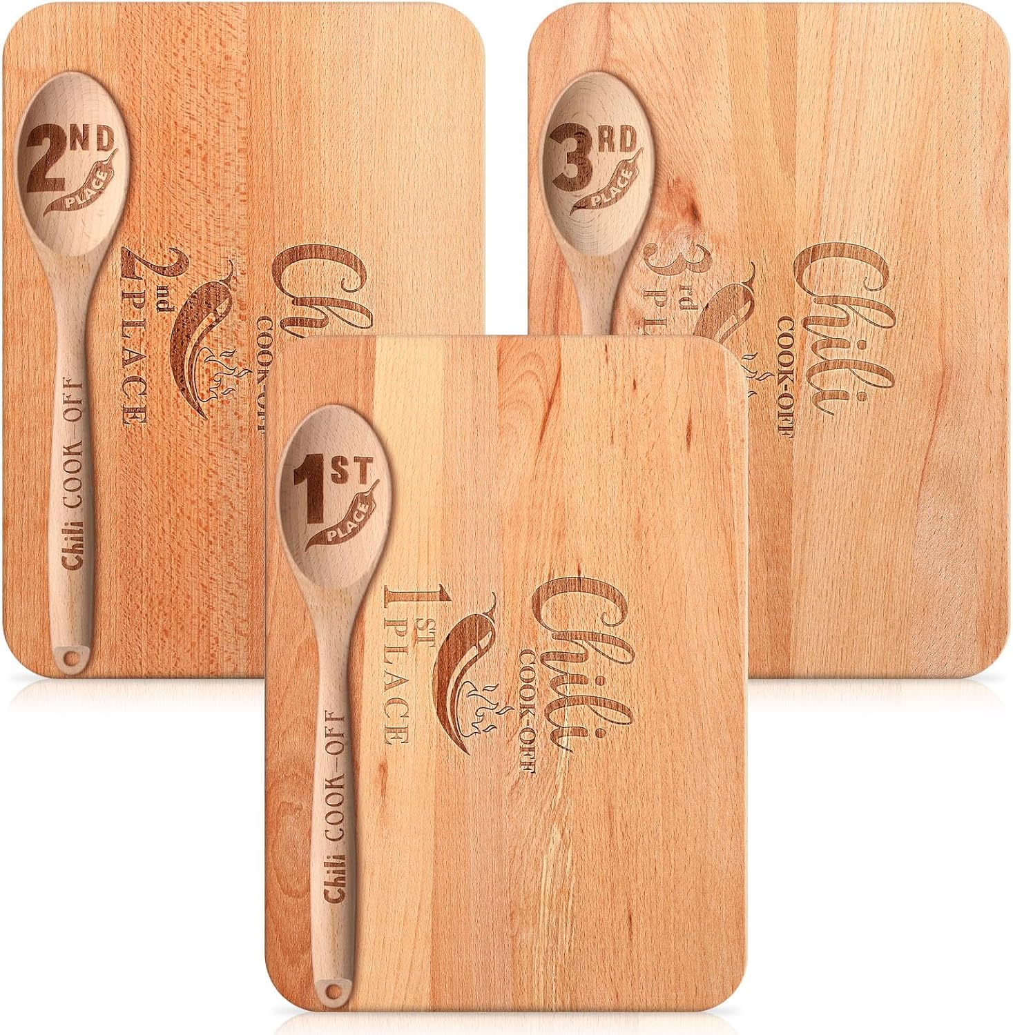 3 Set Chili Cook Off Trophies Prizes Beech Wood Cook Off Spoon Chili Festival Cutting Board Champion Gift for Men Women 1st 2nd 3rd Place Award(Chic)