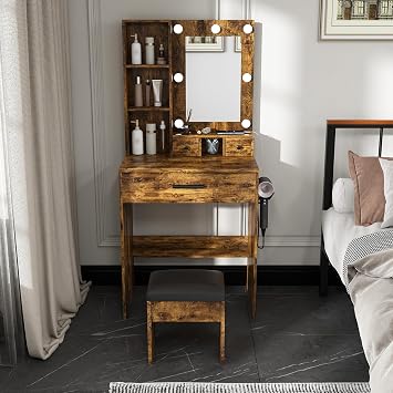 Vintage Vanity with Stool - 23.62" Wood Makeup Vanity Desk with 3 Drawers and Power Outlet, Dressing Desk with Mirror & Adjustable LED Lights & Hairdryer Holder for Bedroom, Vintage