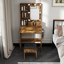 Vintage Vanity with Stool - 23.62" Wood Makeup Vanity Desk with 3 Drawers and Power Outlet, Dressing Desk with Mirror & Adjustable LED Lights & Hairdryer Holder for Bedroom, Vintage