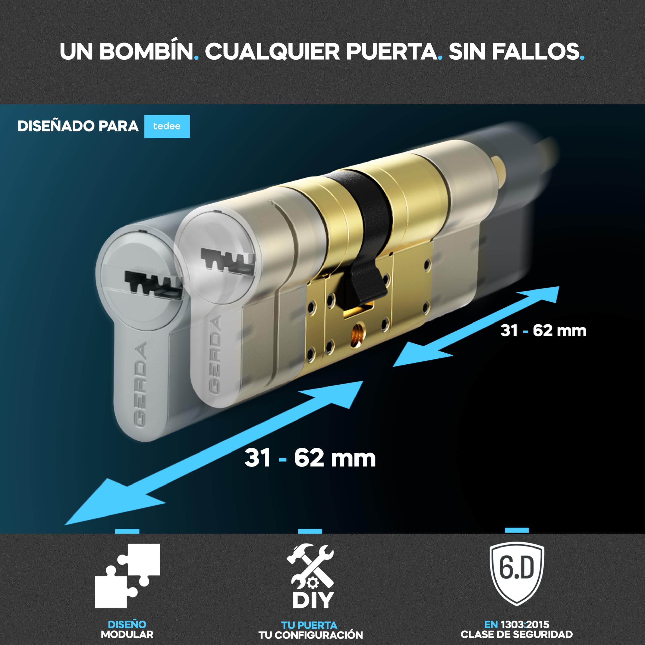 tedee GO2 Alu Cerradura Inteligente con WiFi y Bluetooth, Electrónica Kit con Cilindro Exxo Smart 31-62/31-62mm y Bridge, para Acceso Remoto y Desbloqueo Automático, Compatible con Alexa Google Matter