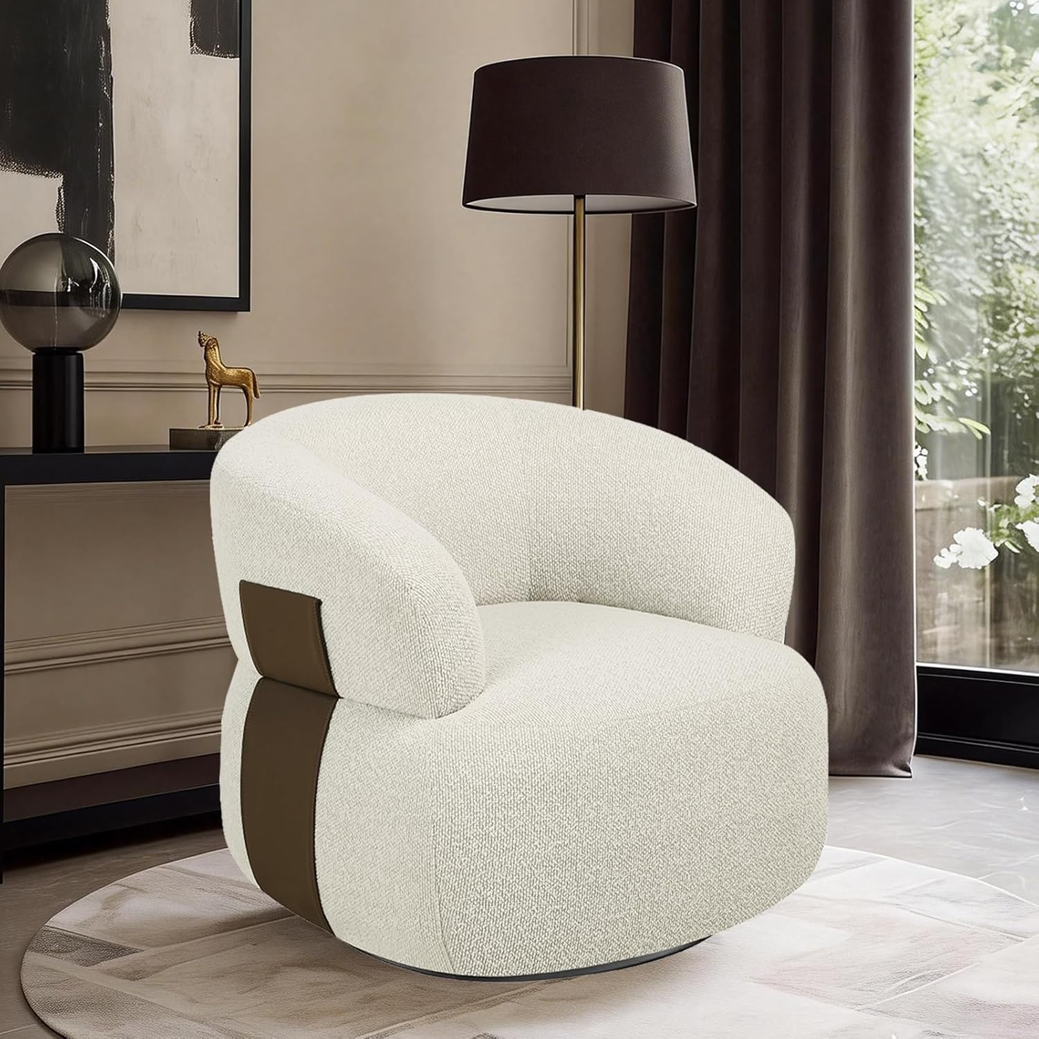 Swivel Barrel Accent Chairs-Modern Round Club Arm Chair Upholstered Living Room Armchair, Single Sofa Seating Bedroom Side Reading Seat for Living Roon Office (Beige-Chenille, 1*Seat)