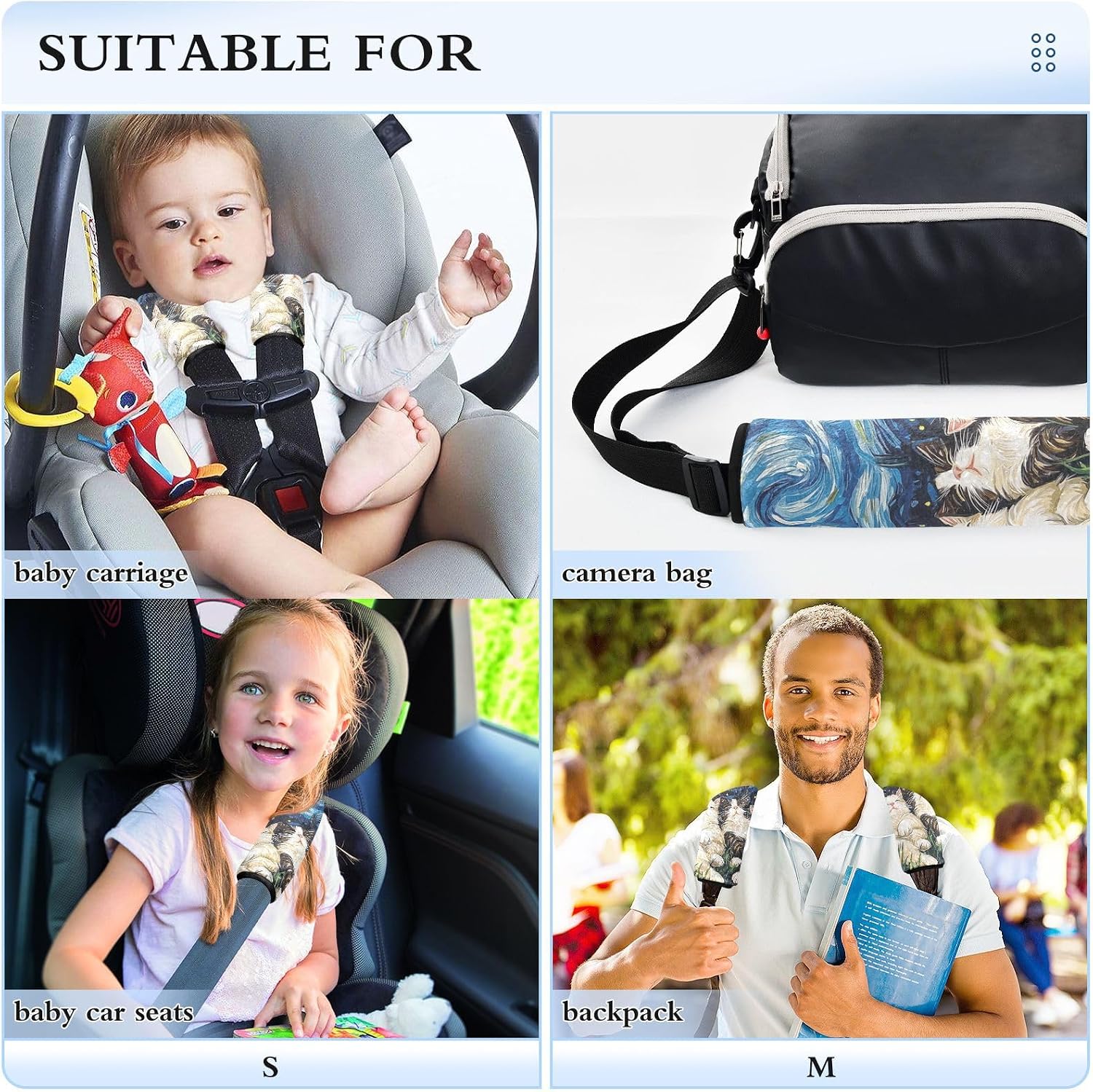 Starry Night Floral Ragdoll Cats Cartoon Seat Belt Cover Pad 2 Pcs Soft Cute Seatbelt Covers Protector Support Head Neck Shoulder Strap for Car Seats High Chair Backpack for Adults Kids Women M