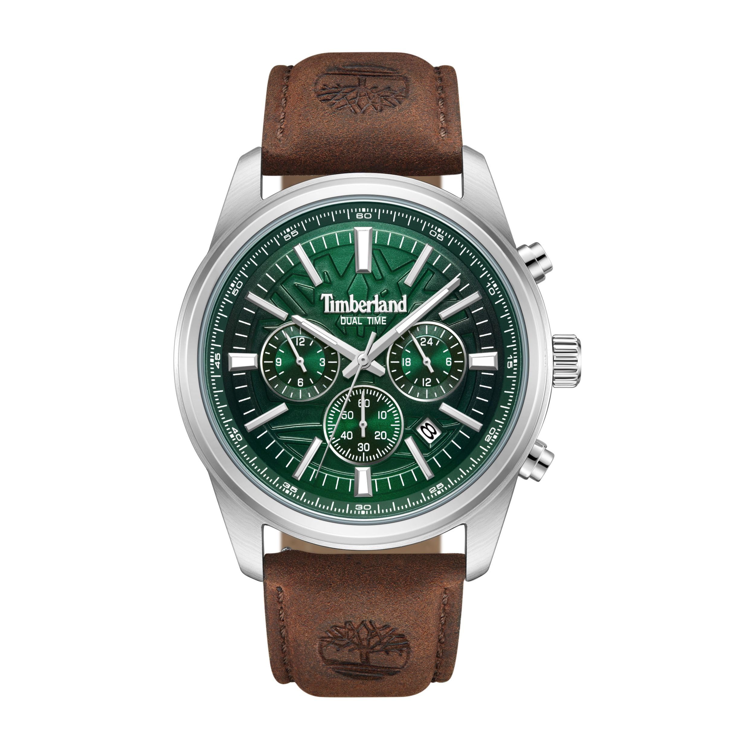 Timberland Northbridge Multifunktions-Herrenuhr - Silbernes Gehäuse, Grünes Zifferblatt, Braunes Lederarmband, 45mm, TDWGF0041206