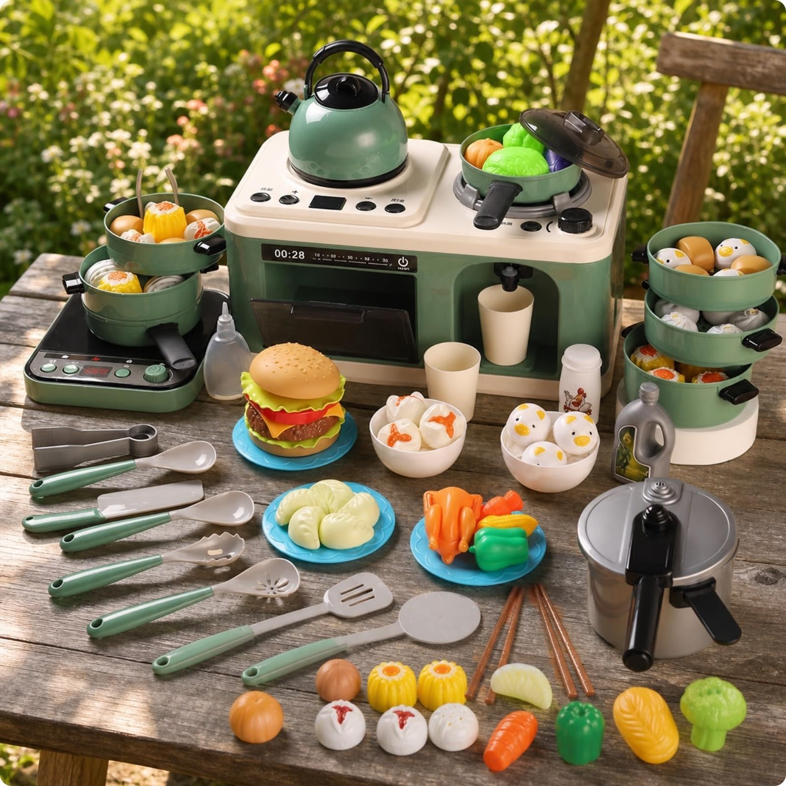 harayaa 49 Pezzi Giocattolo con Accessori Interattivo Set da Giocattolo con Pentole Colorato per Area Giochi, Verde