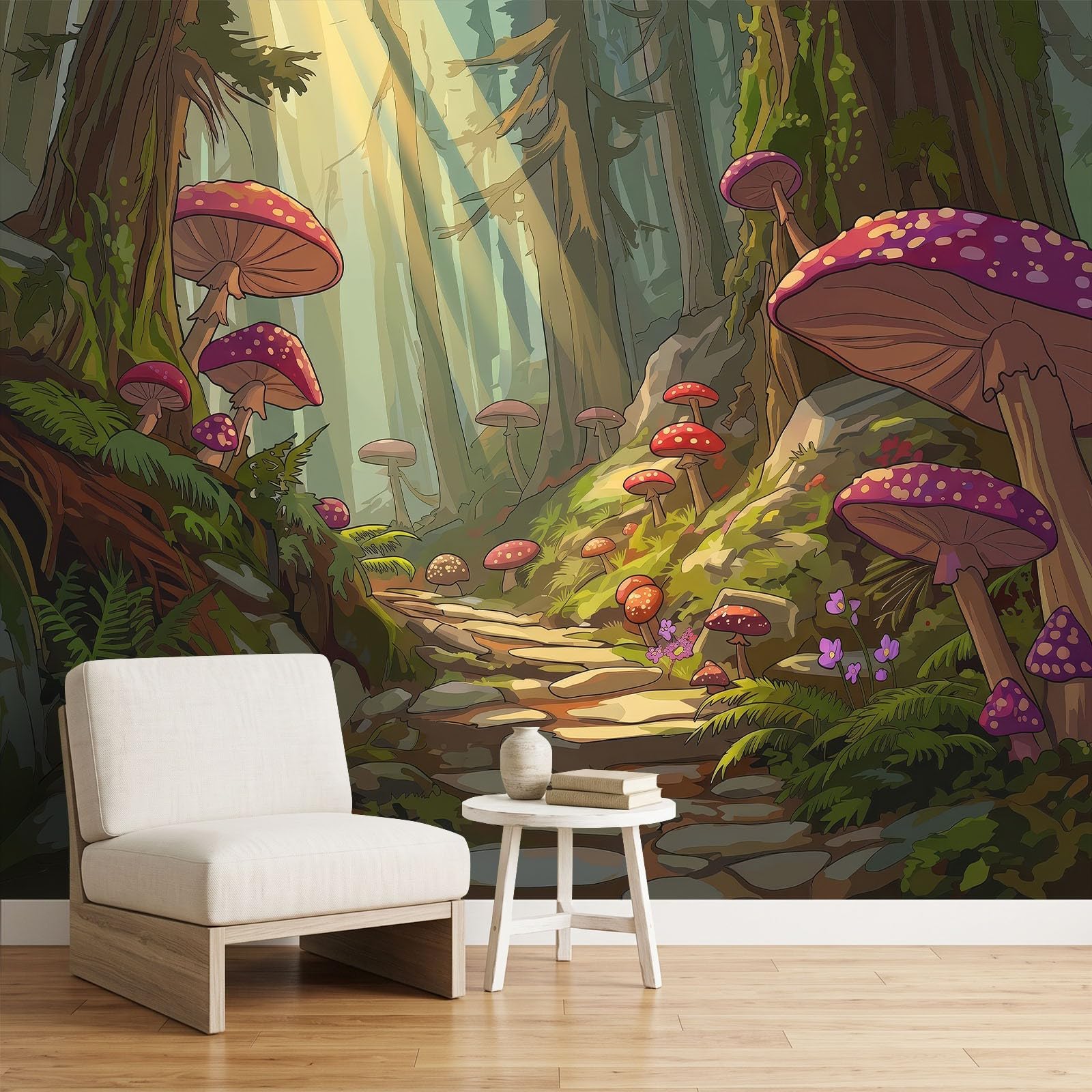 Panoramiczna tapeta 350x256, ilustracja Fantastyczna bajka Fototapeta z włókniny gobelin plakat ścienny do salonu dekoracja ścienna do sypialni, dzieci zaczarowany las grzyby