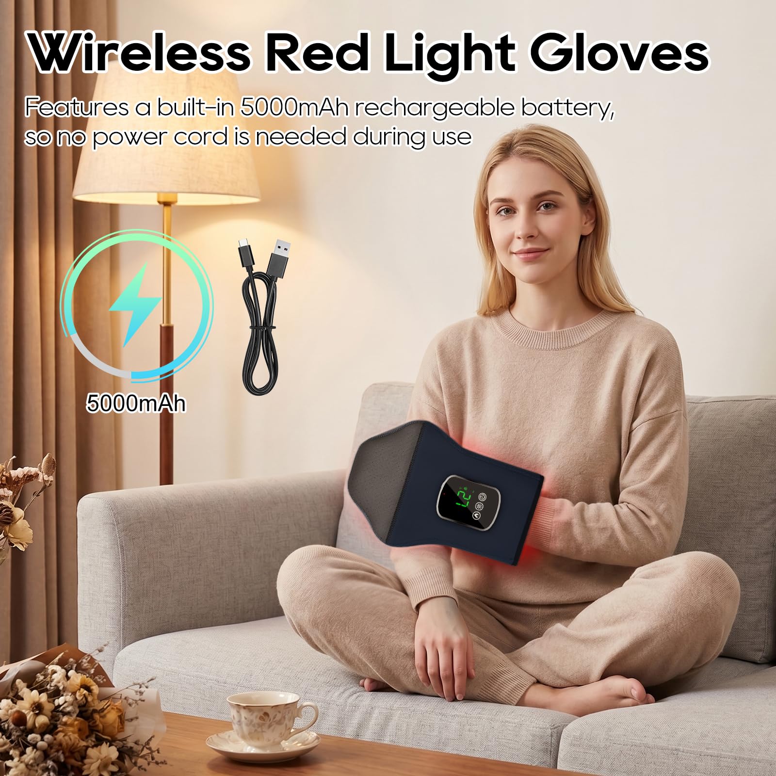 Rotlichtlampe Handschuhe, Rotlichttherapie-Handschuhe für Hände, 100 LEDs 660nm & 850nm, Touchscreen, 5 Modi, 3 Temperaturstufen, Timer-Funktion, Elektrische Handmassagegerät für Hände, Finger